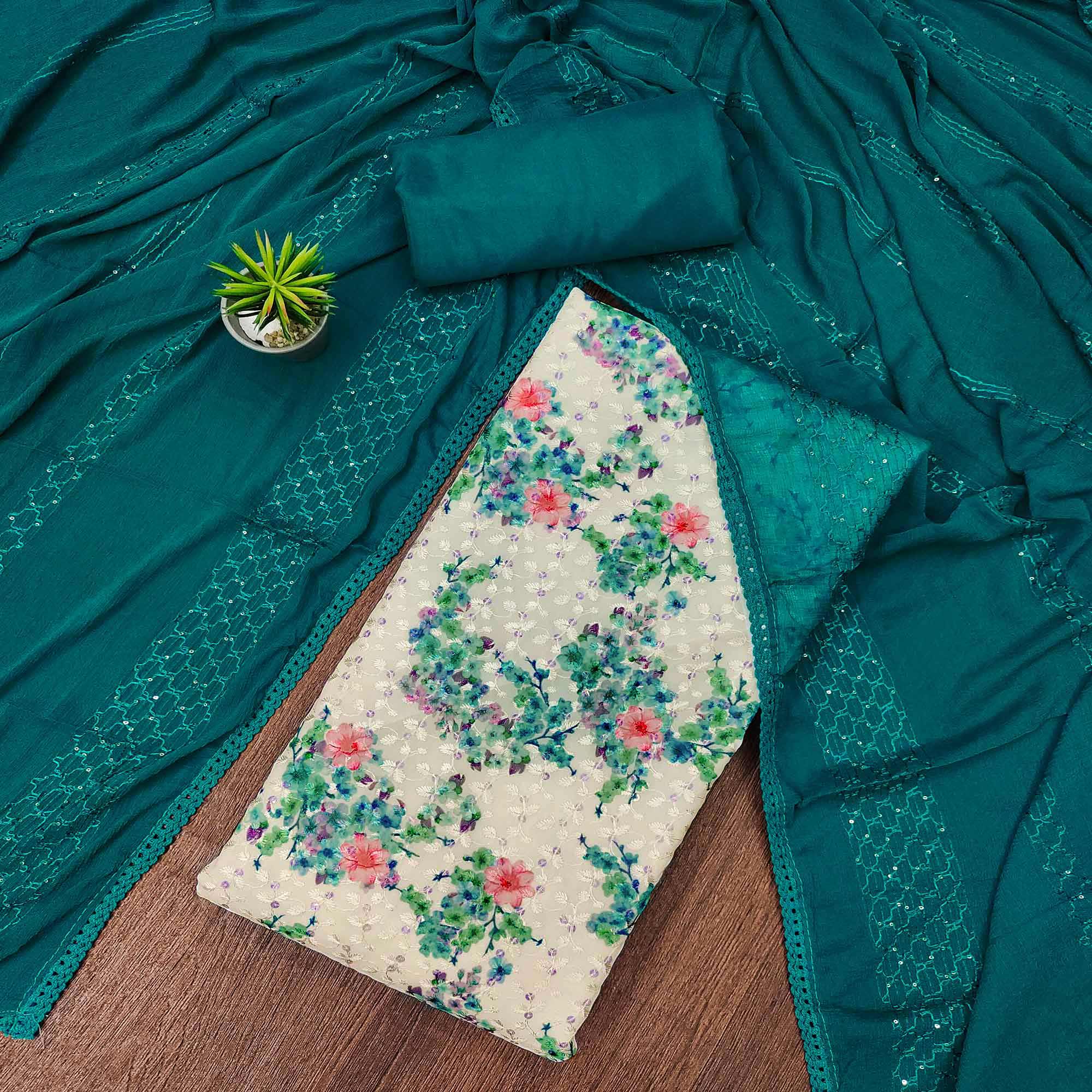White Printed With Embroidered Georgette Dress Material