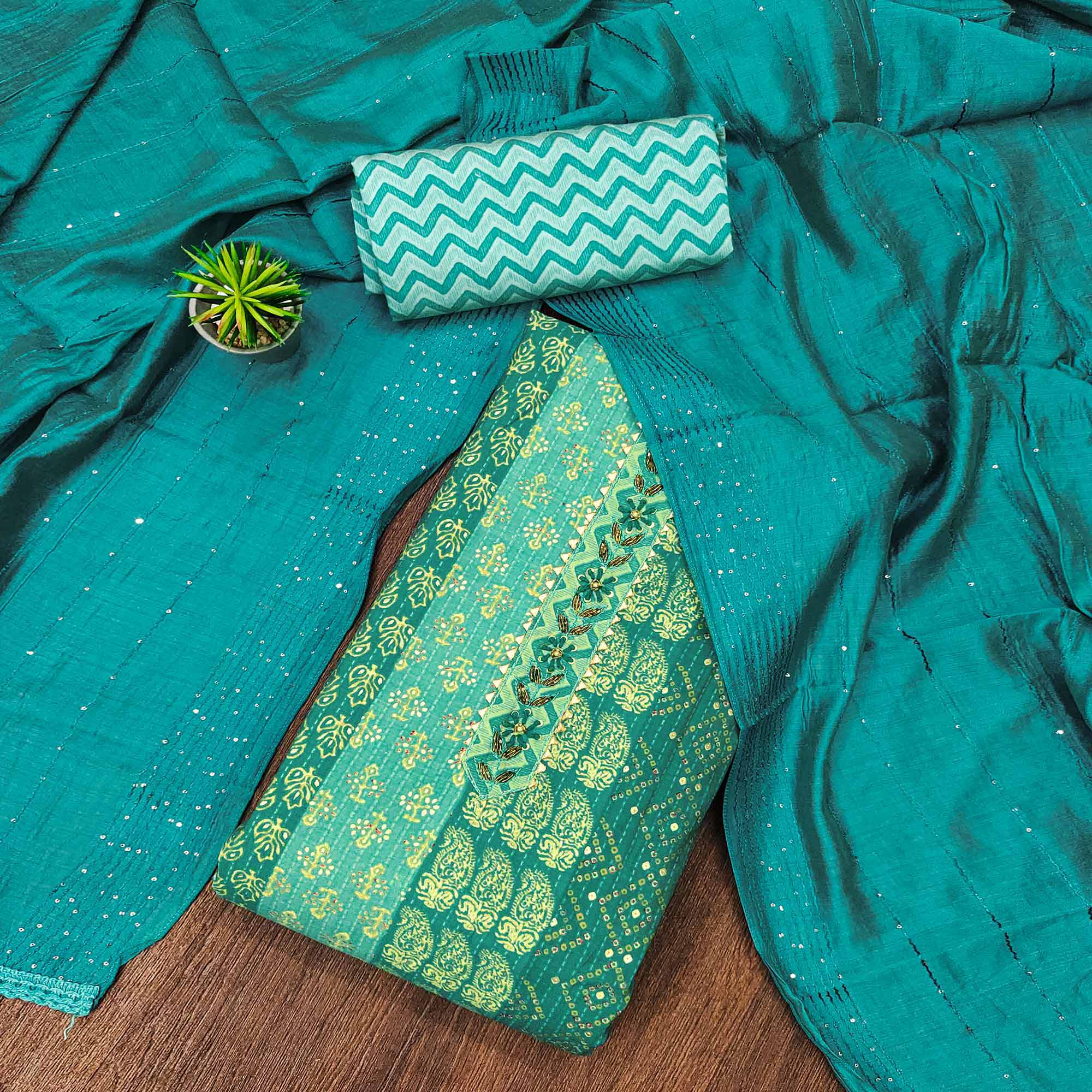 Turquoise Foil Printed Cotton Silk Dress Material