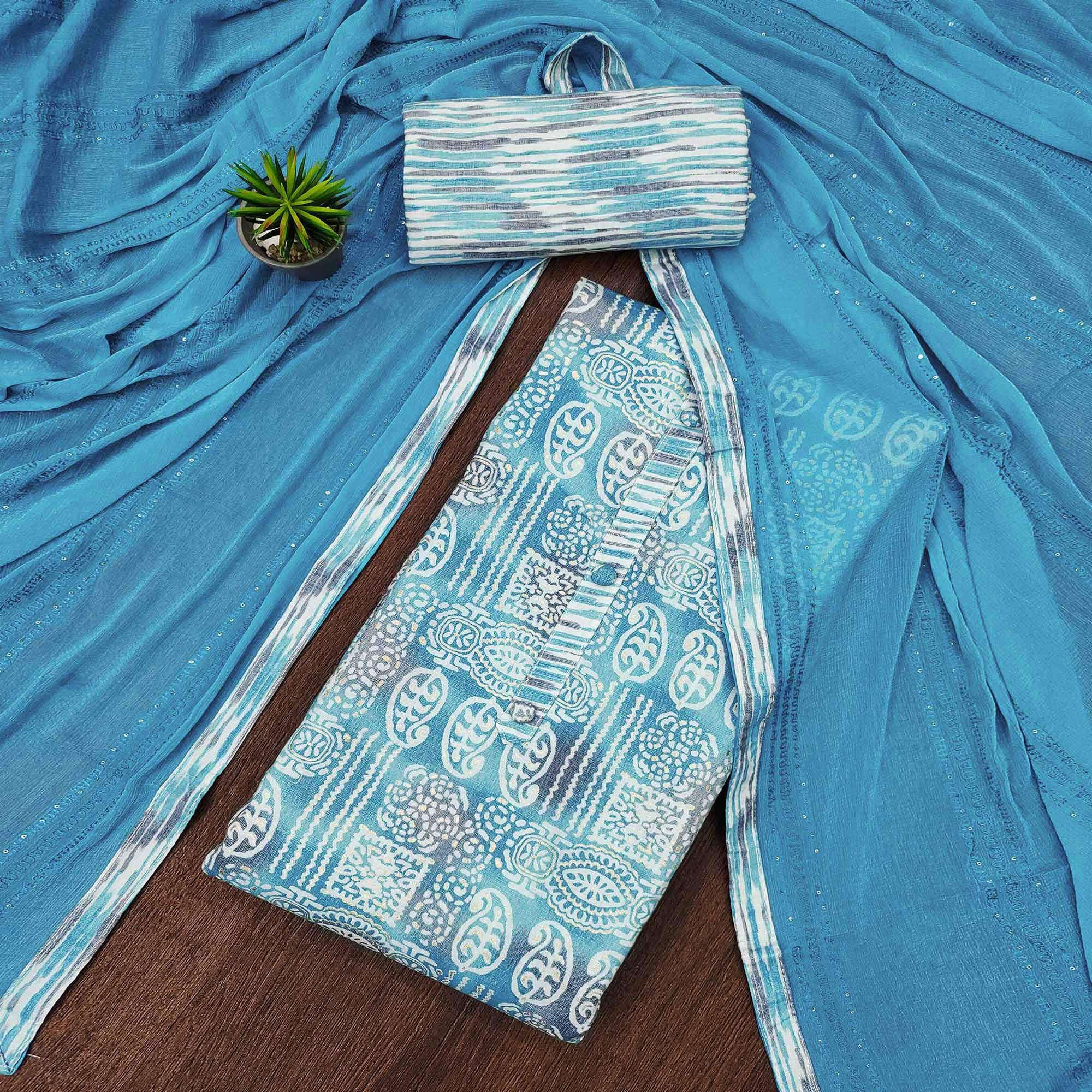 Blue Printed Pure Cotton Dress Material