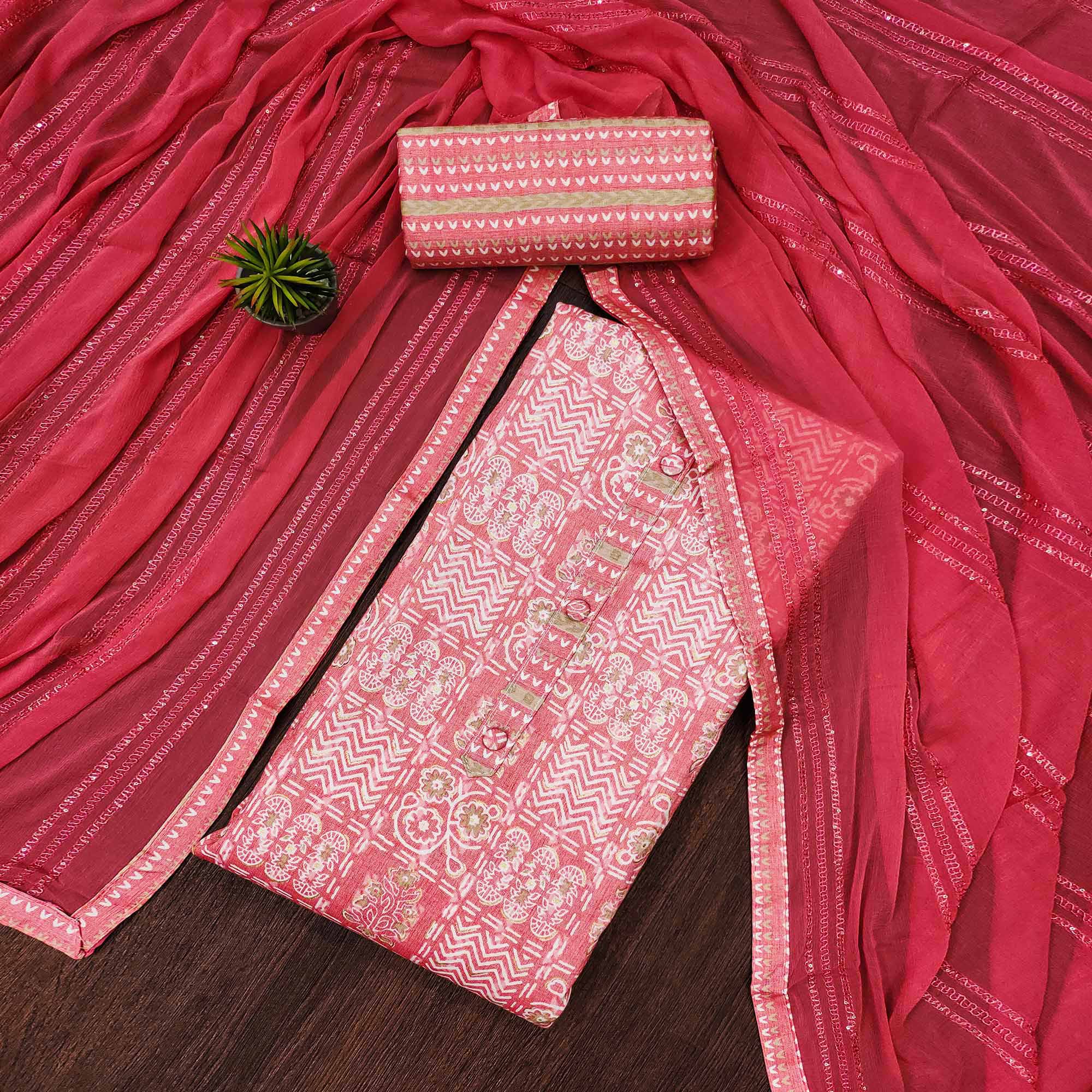 Peach Printed Pure Cotton Dress Material
