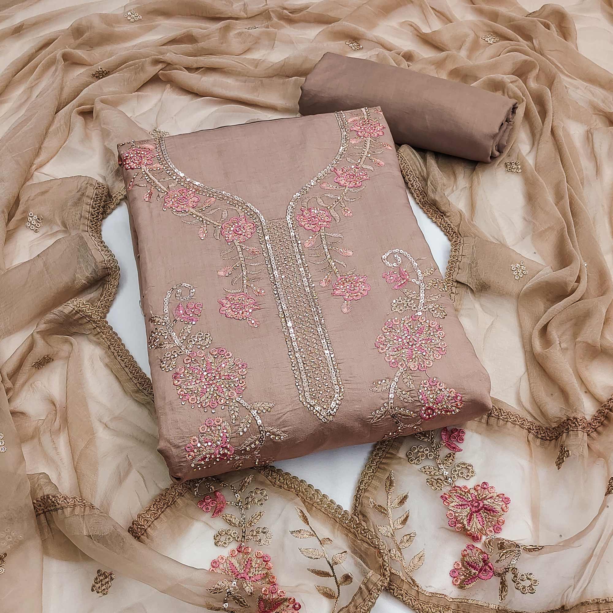 Brown Floral Sequins Embroidered With Stonework Roman Cotton Silk Dress Material