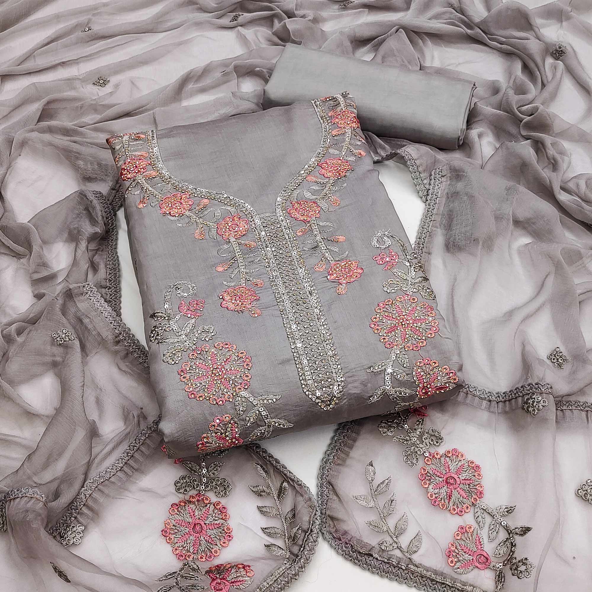 Grey Floral Sequins Embroidered With Stonework Roman Cotton Silk Dress Material