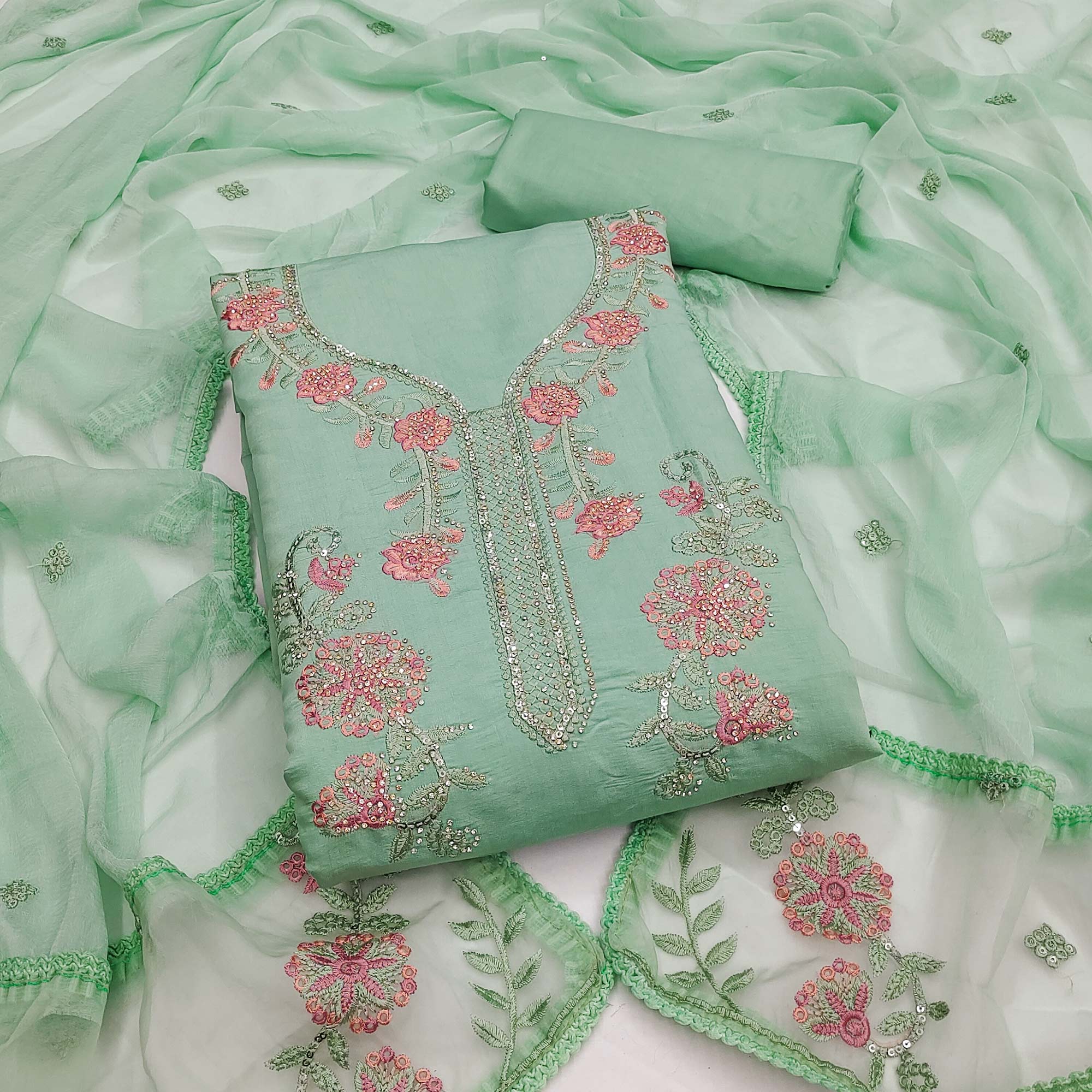 Sea Green Floral Sequins Embroidered With Stonework Roman Cotton Silk Dress Material