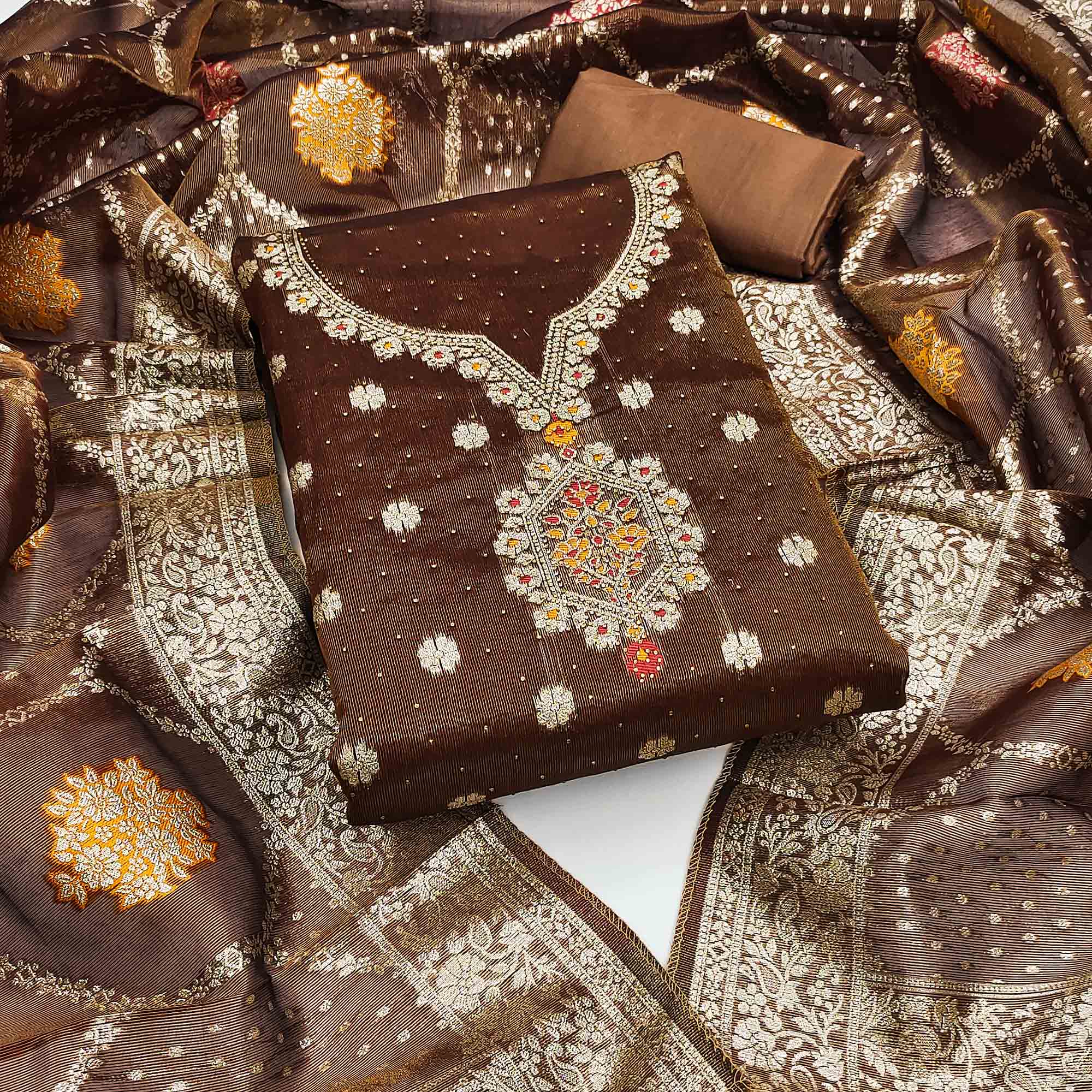 Brown Woven With Stonework Shimmer Jacquard Dress Material