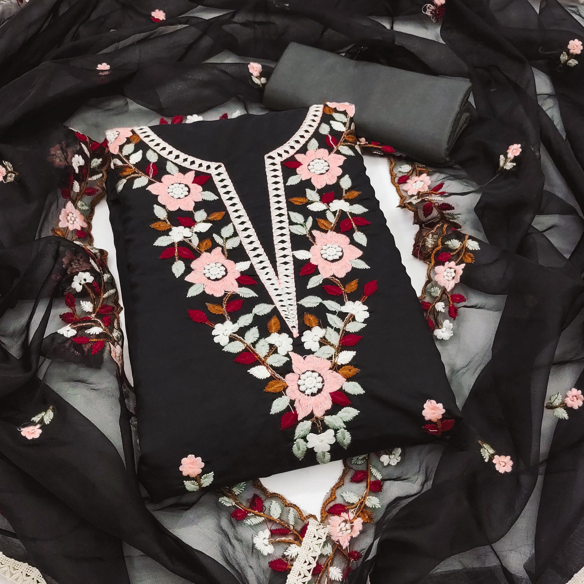 Black Floral Embroidered Roman Cotton Silk Dress Material