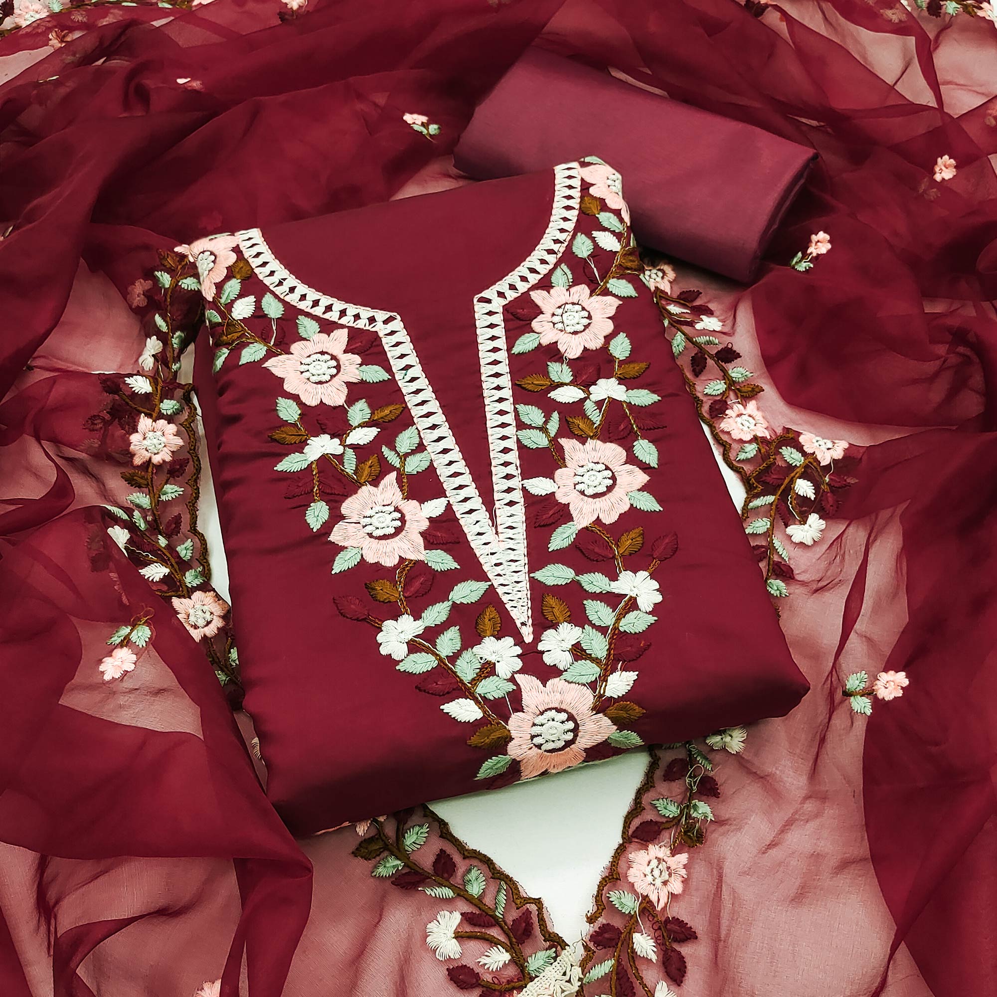 Maroon Floral Embroidered Roman Cotton Silk Dress Material