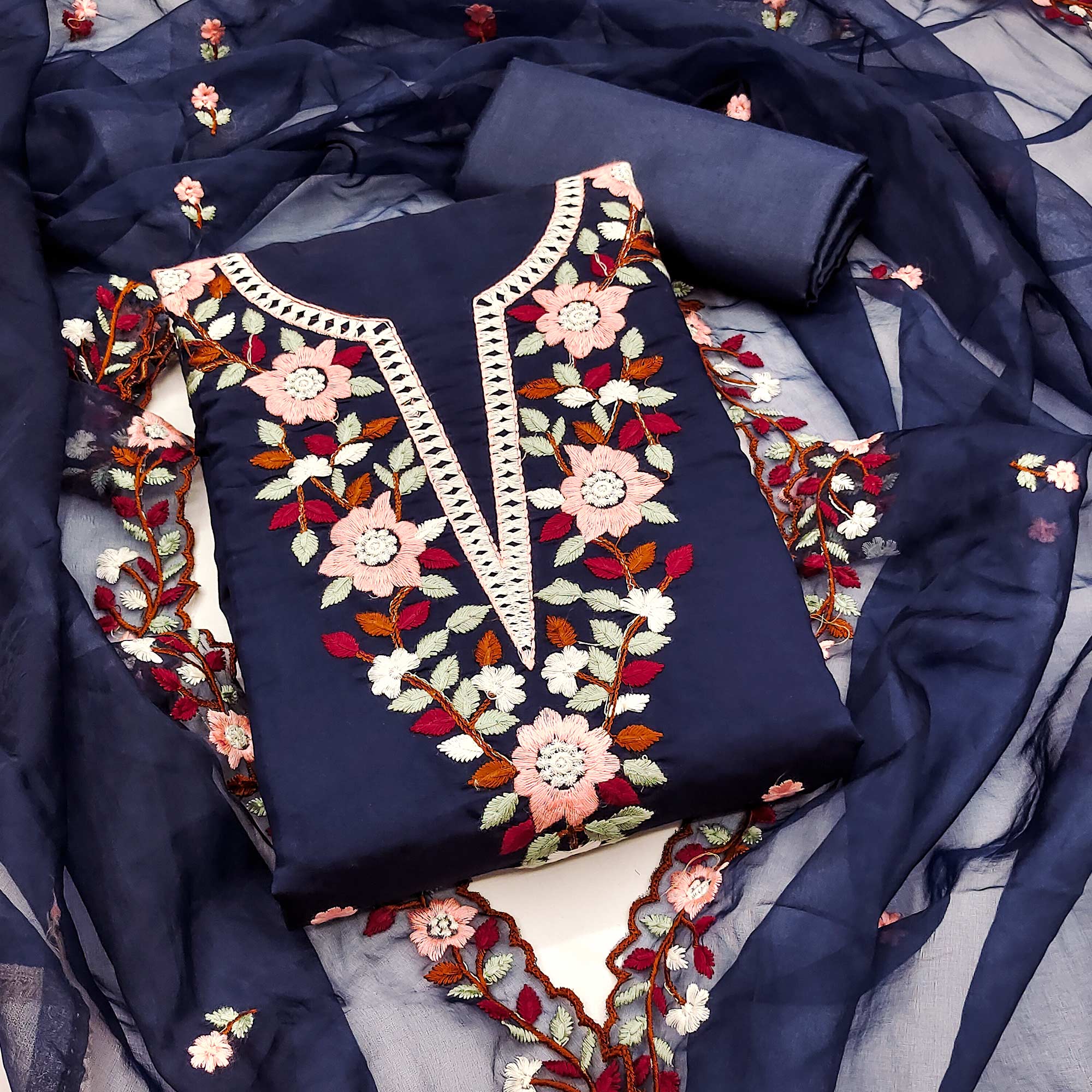 Navy Blue Floral Embroidered Roman Cotton Silk Dress Material