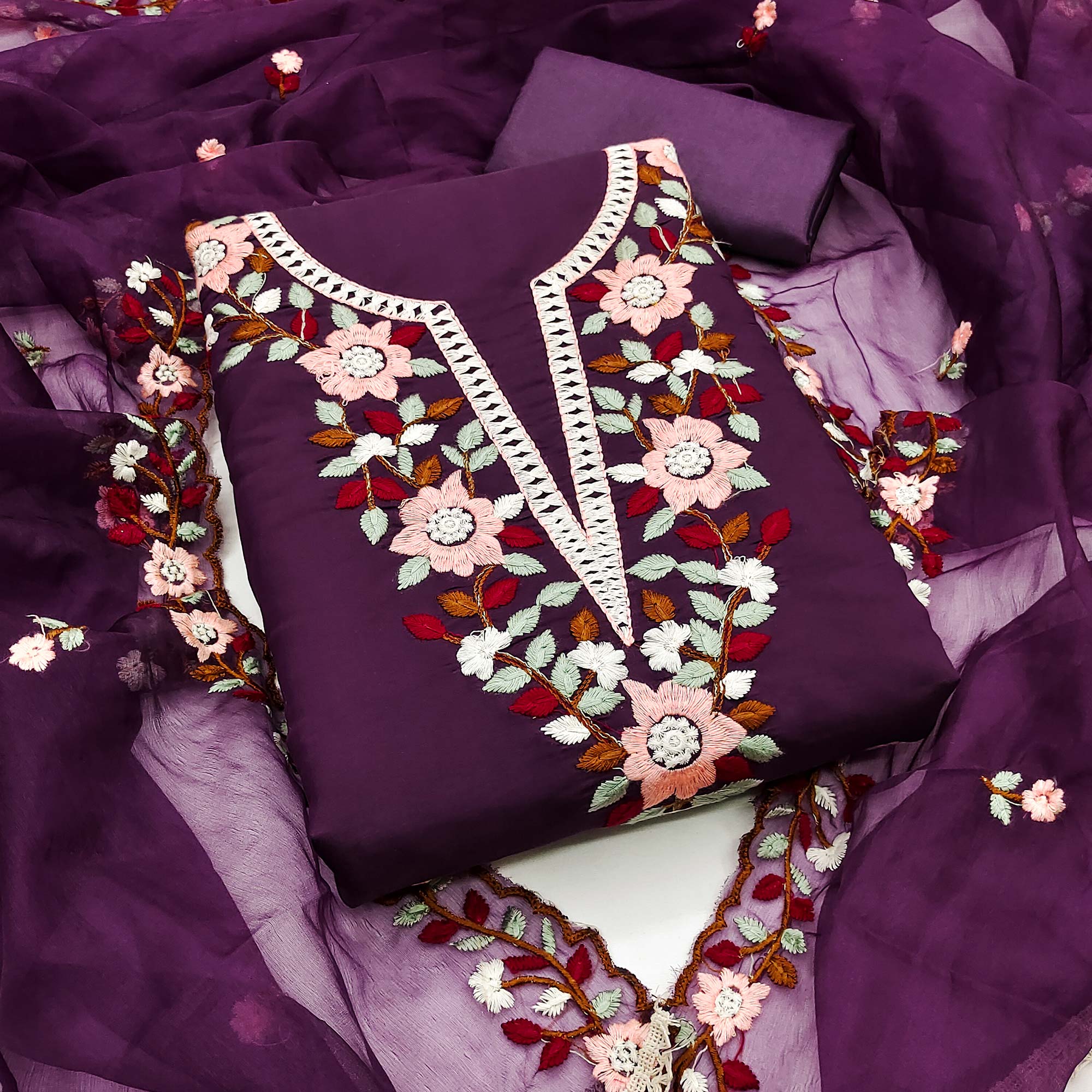 Purple Floral Embroidered Roman Cotton Silk Dress Material