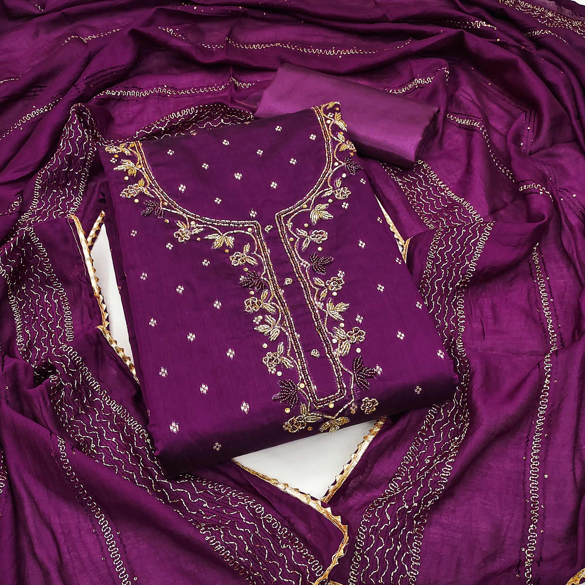 Purple Woven With handwork Chanderi Modal Dress Material