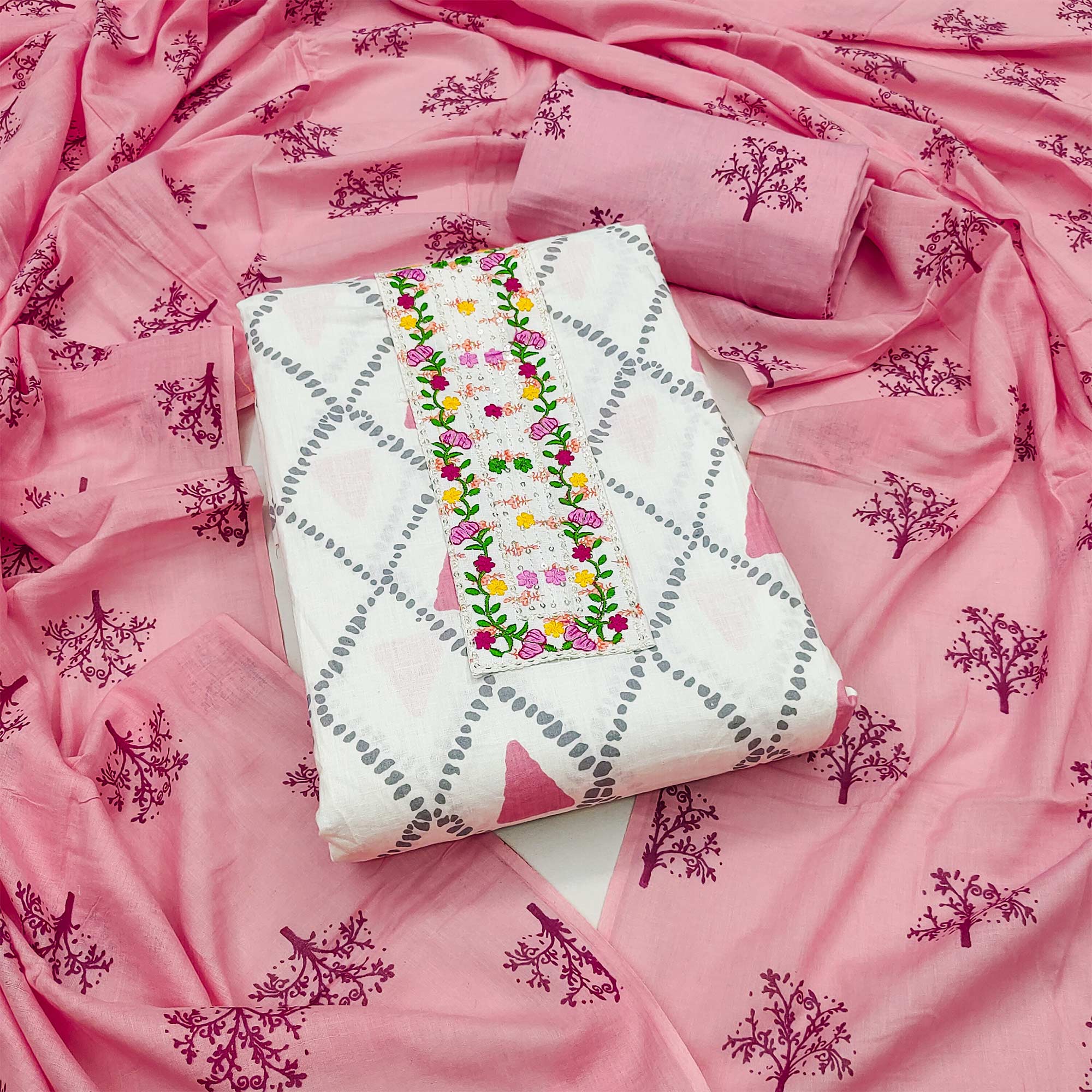White & Pink Printed Pure Cotton Dress Material