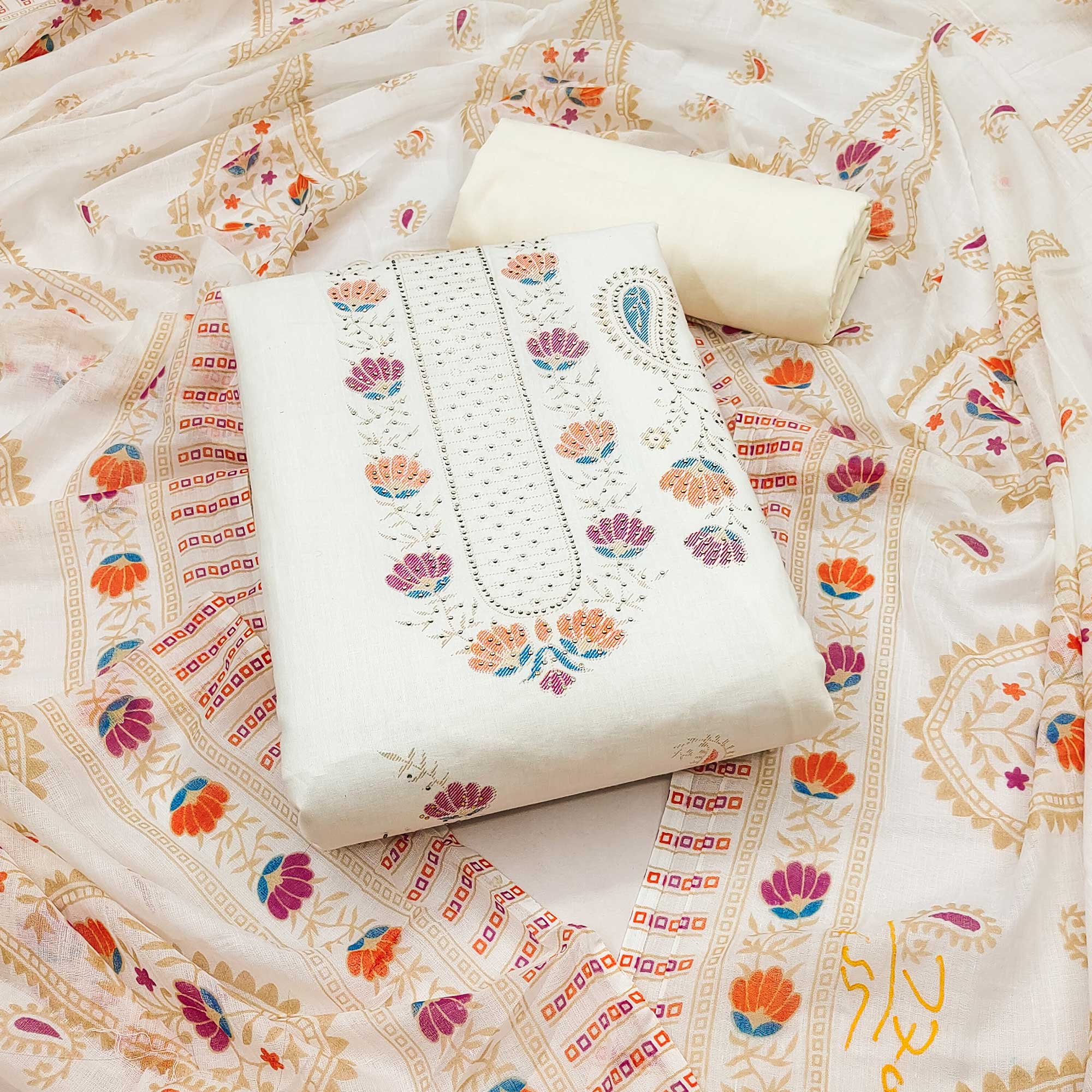 Off White Woven Pure Cotton Dress Material