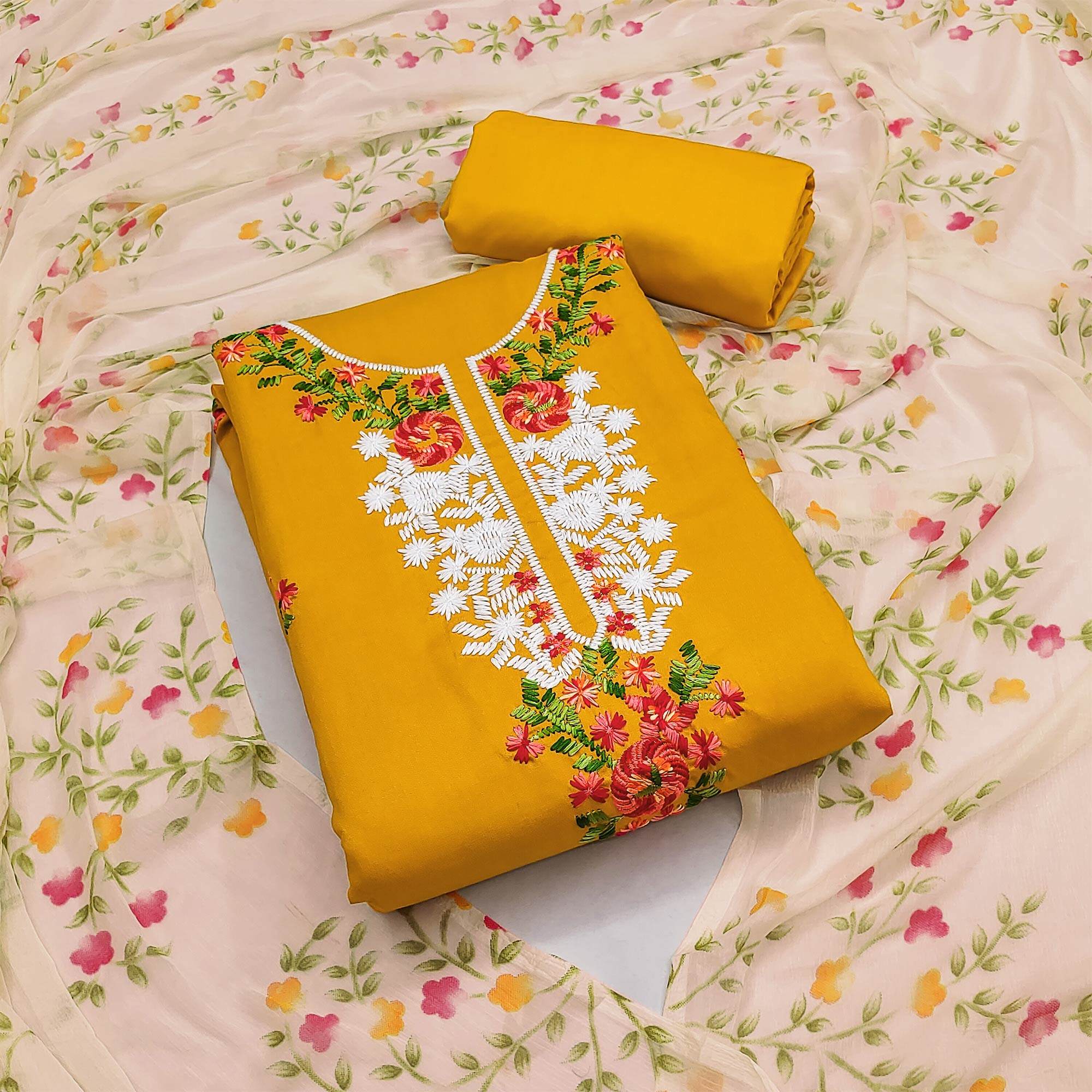 Mustard Floral Embroidered Pure Cotton Dress Material