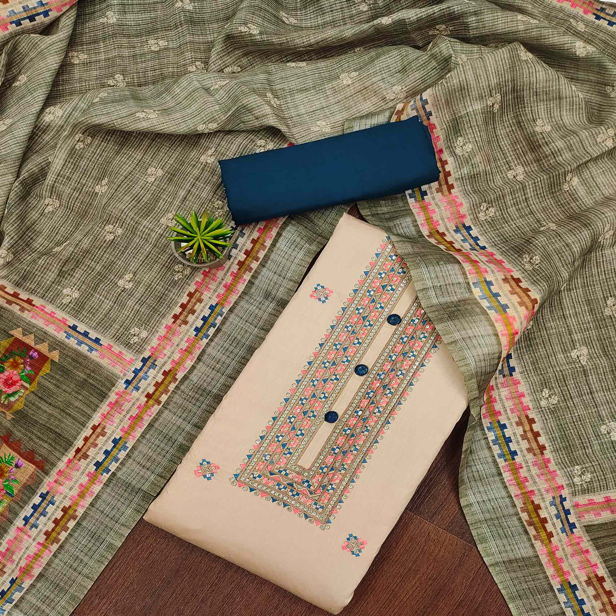 Chikoo Sequins Embroidered Pure Cotton Dress Material