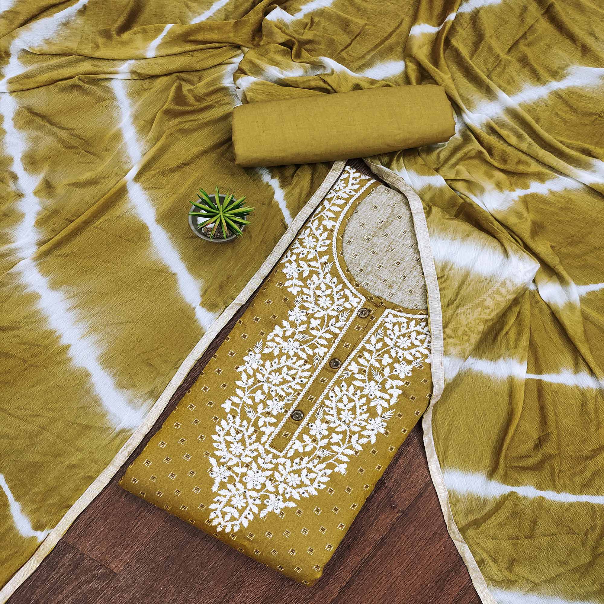 Green Printed With Embroidery Pure Cotton Dress Material