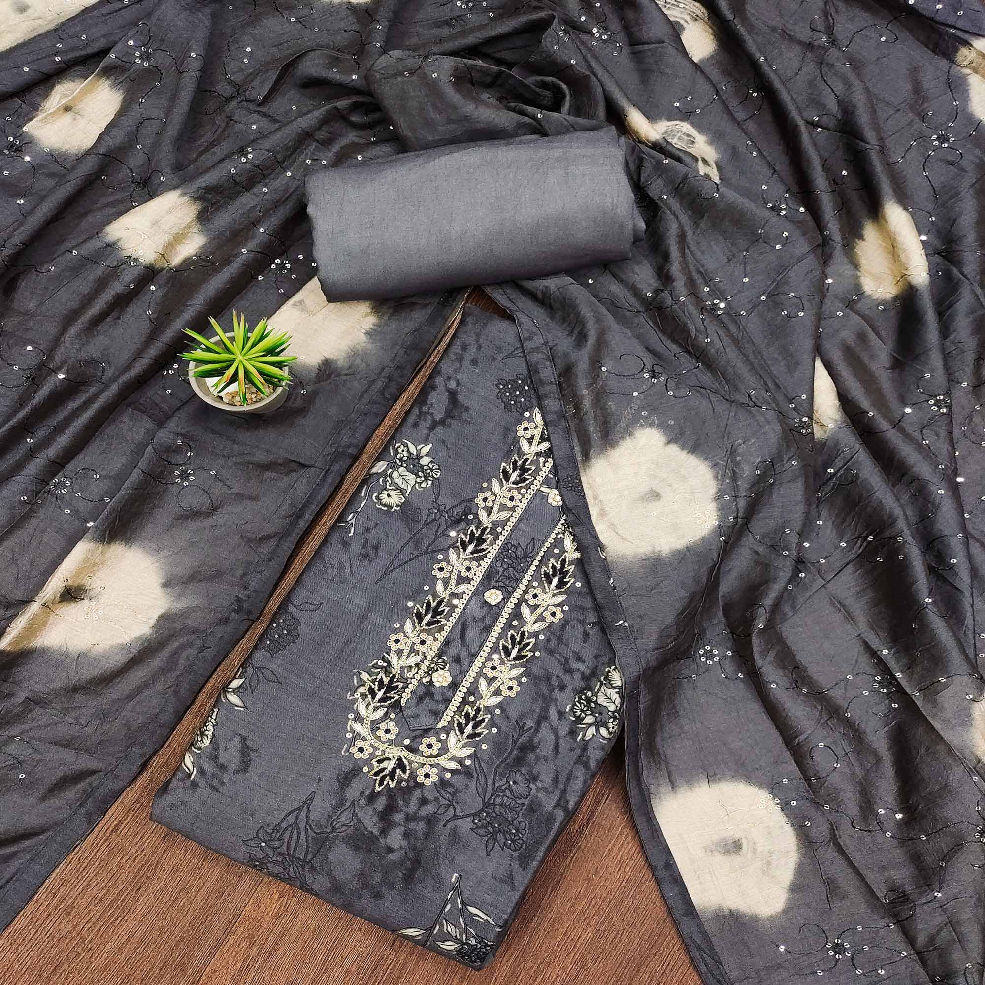 Grey Floral Printed Pure Cotton Dress Material