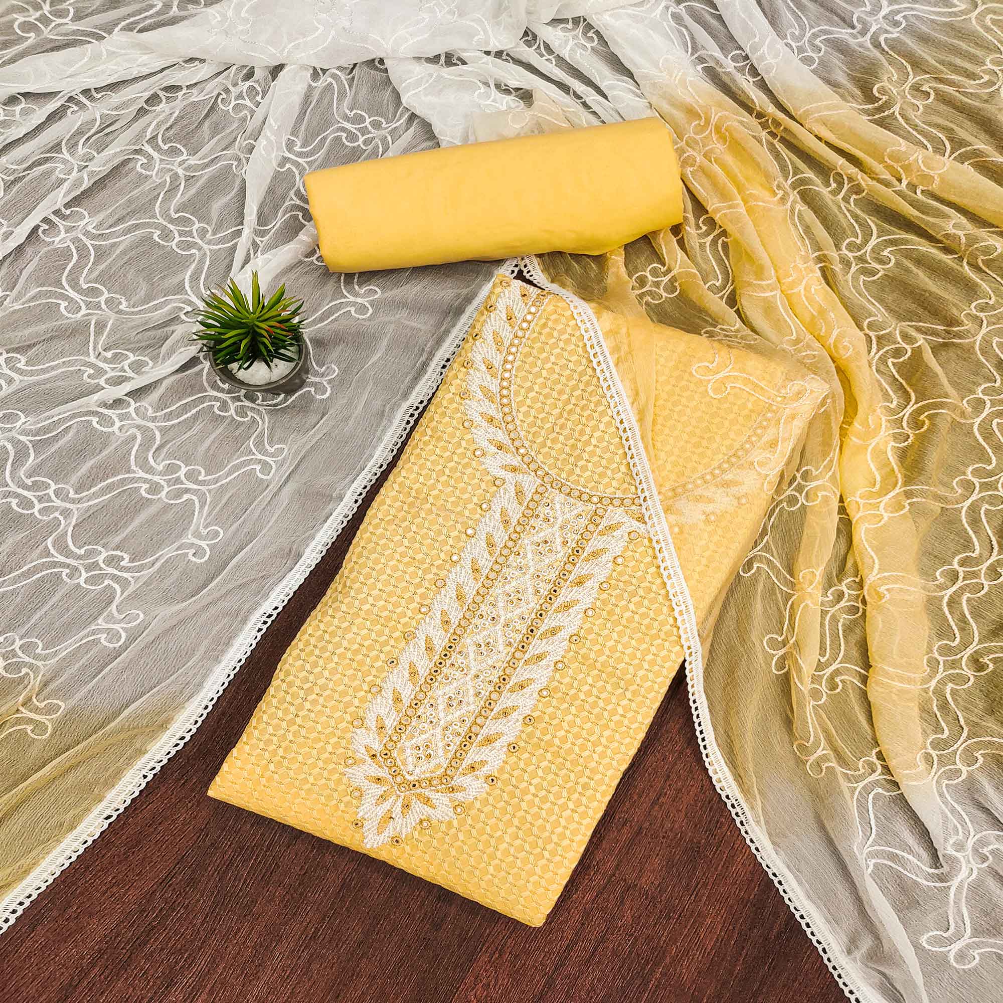 Yellow Chikankari work Pure Cotton Dress Material