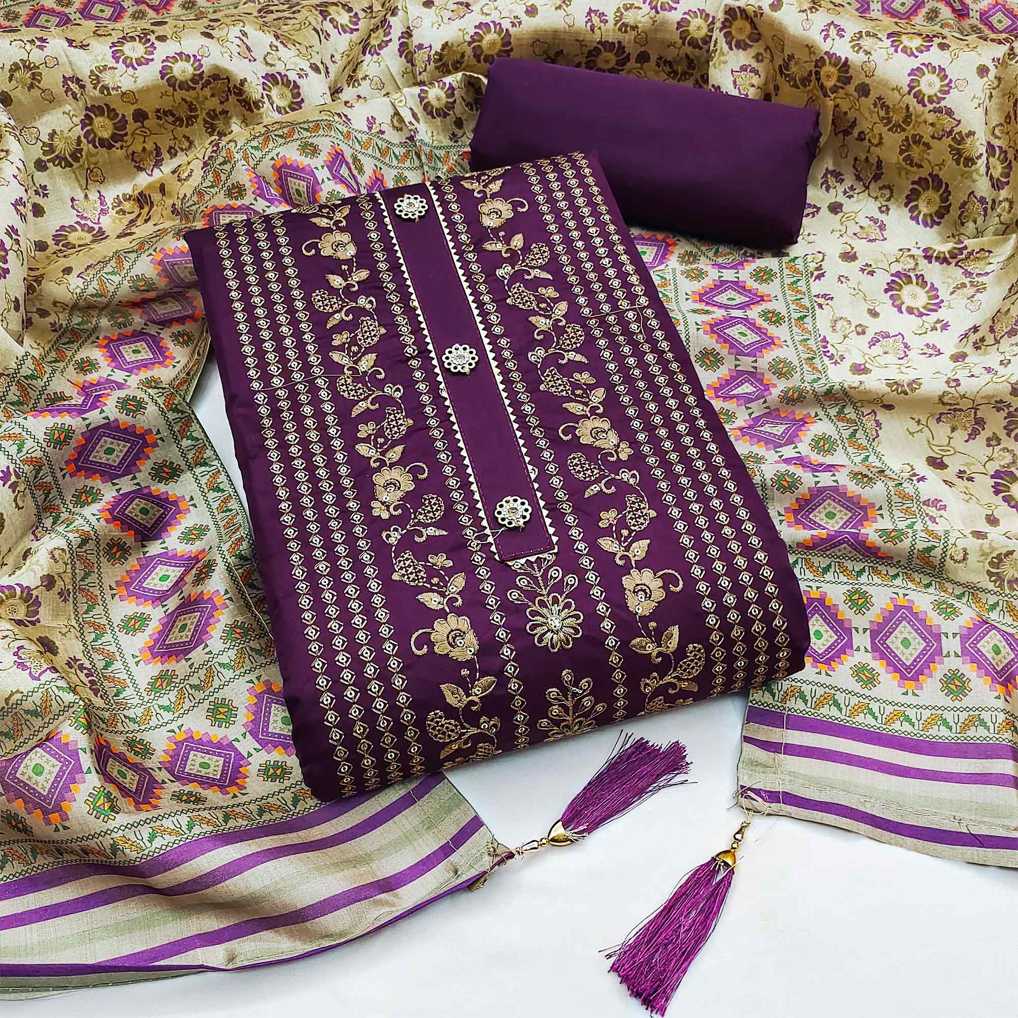 Purple Floral Embroidered Cotton Silk Dress Material