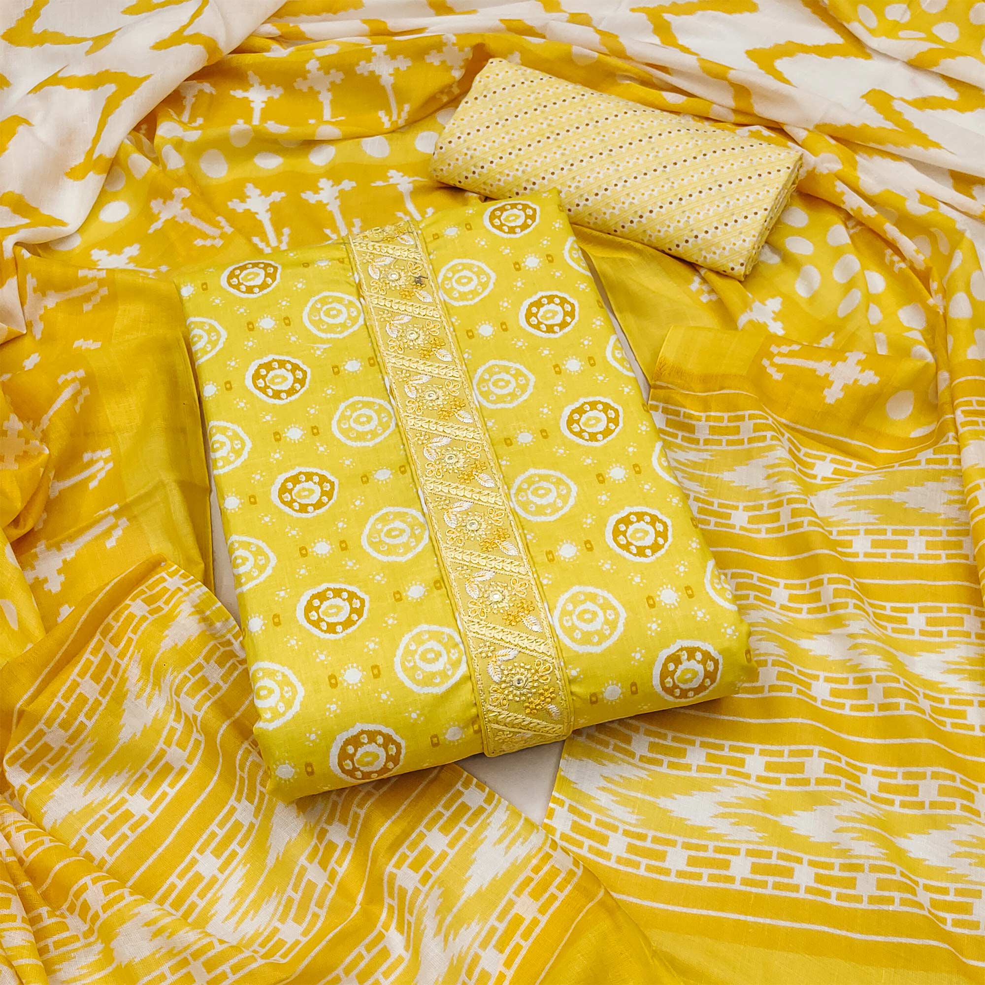 Yellow Printed Pure Cotton Dress Material