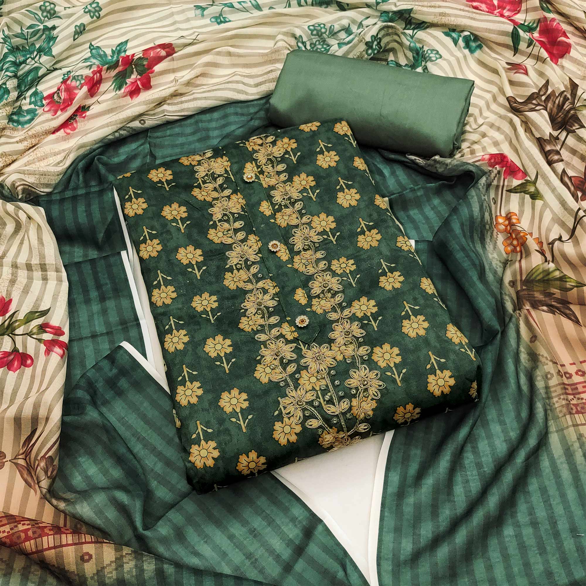 Dark Green Floral Printed With Embroidery Pure Cotton Dress Material