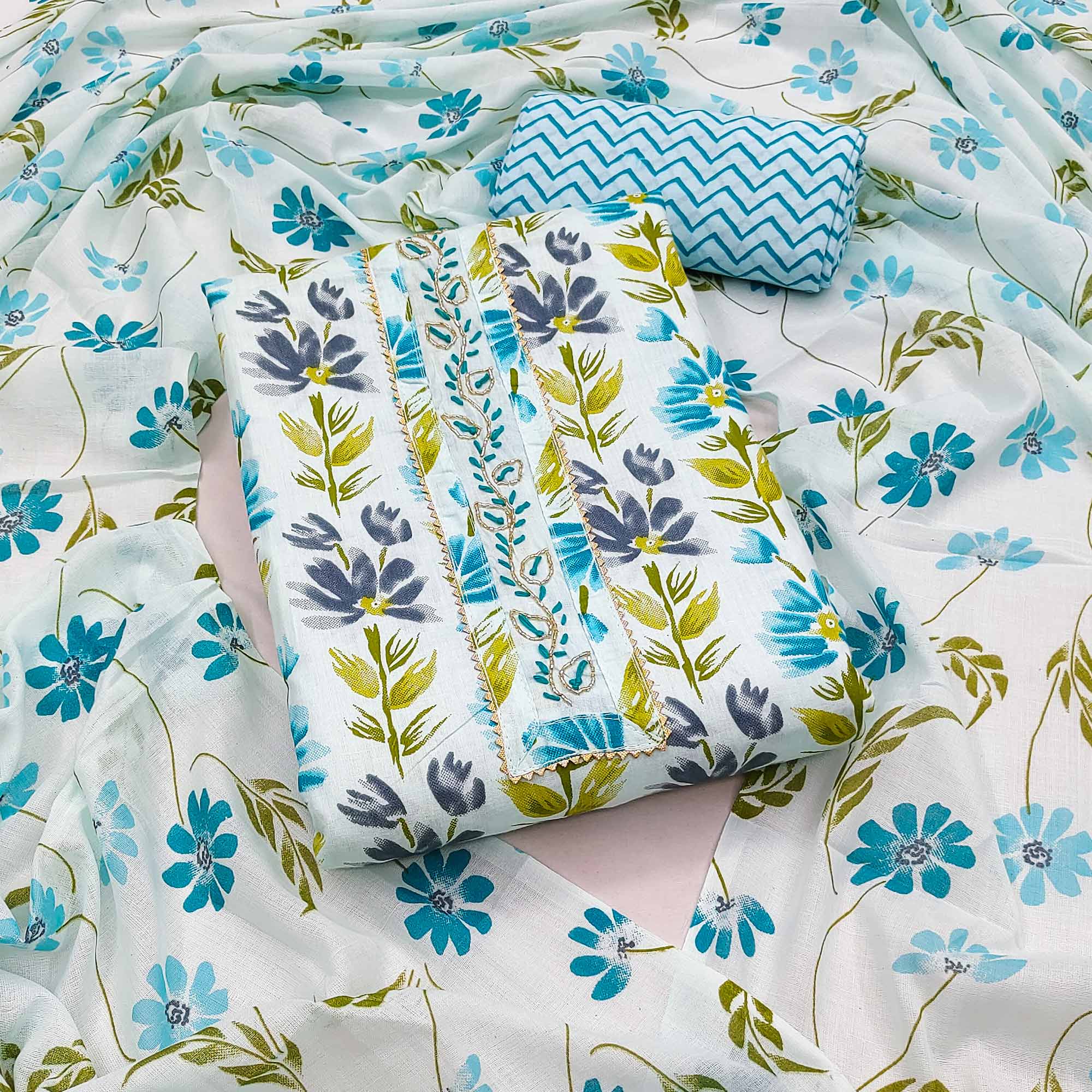 Blue Floral Printed With Handwork Pure Cotton Dress Material
