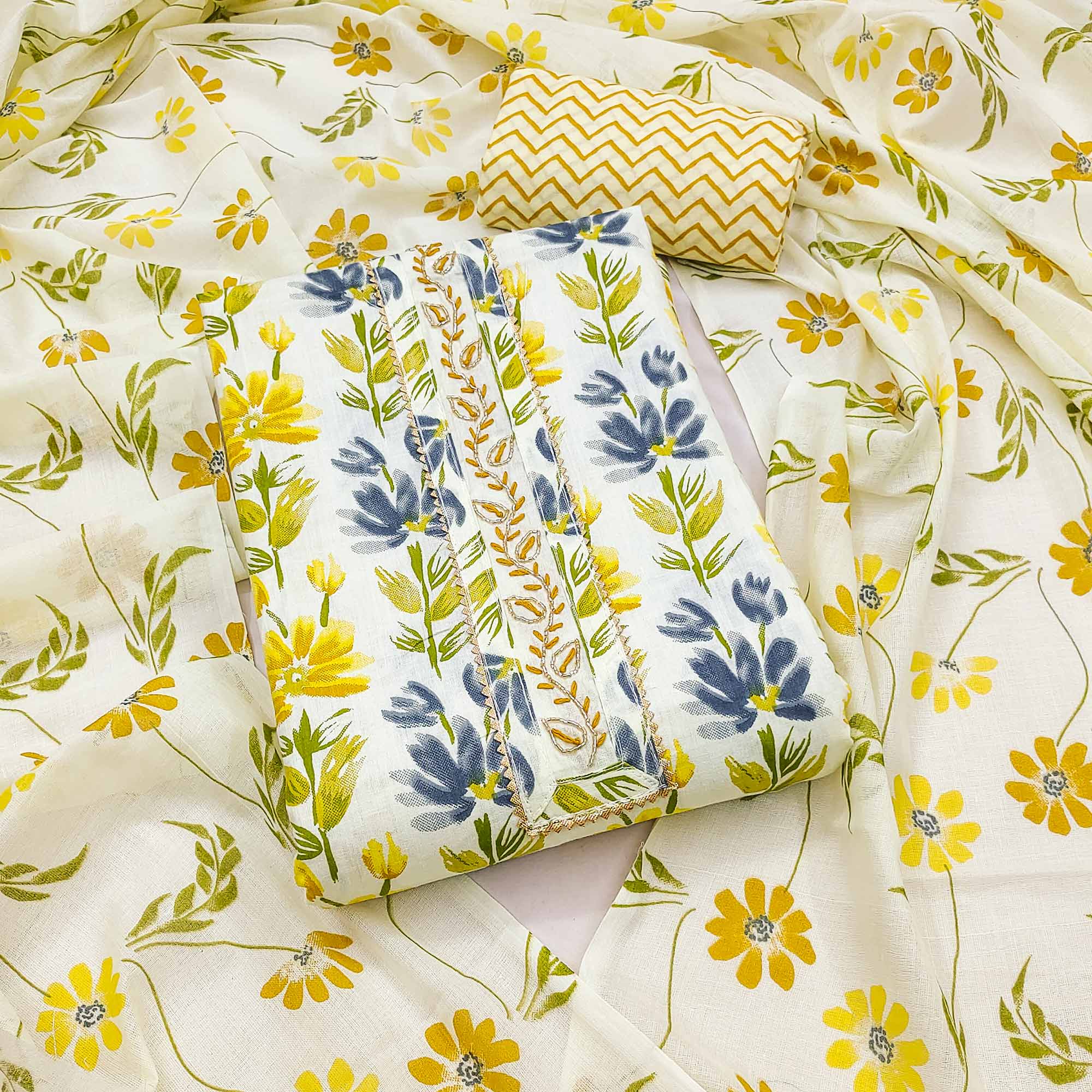 Yellow Floral Printed With Handwork Pure Cotton Dress Material