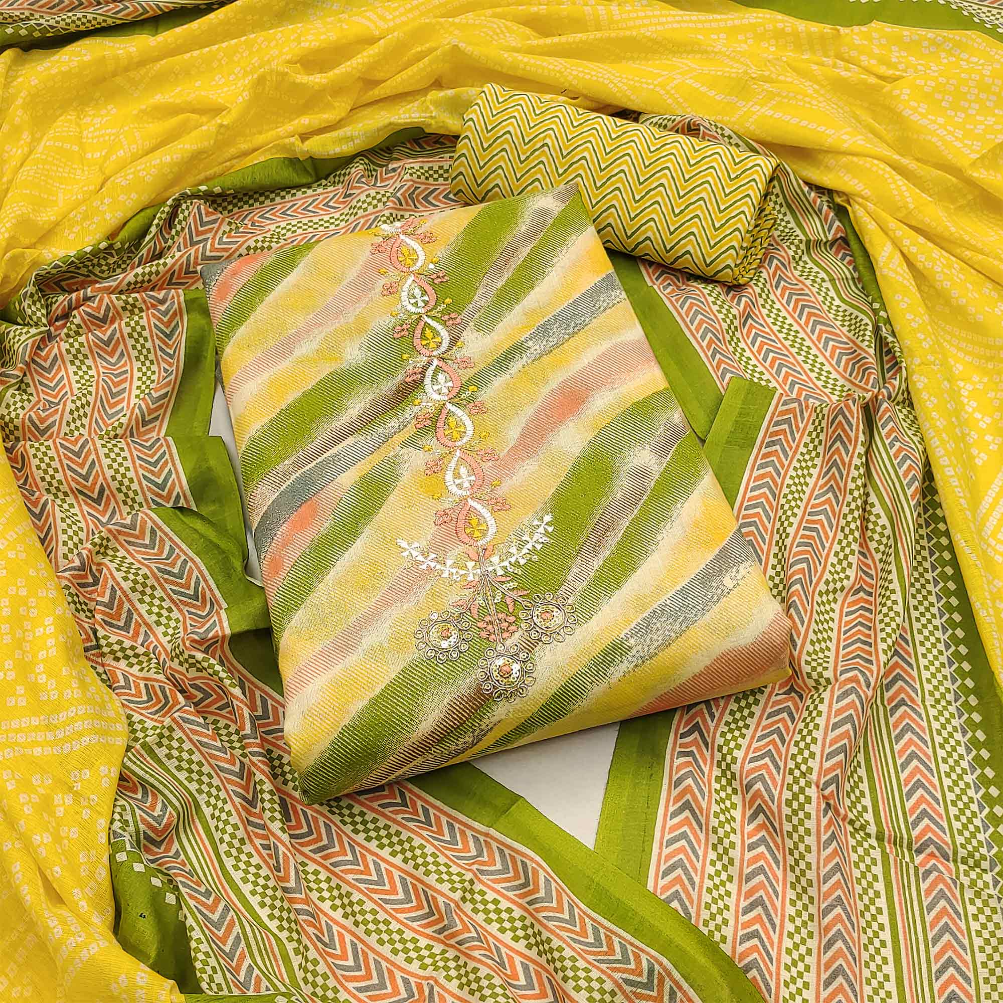 Yellow Printed With Embroidered Pure Cotton Dress Material