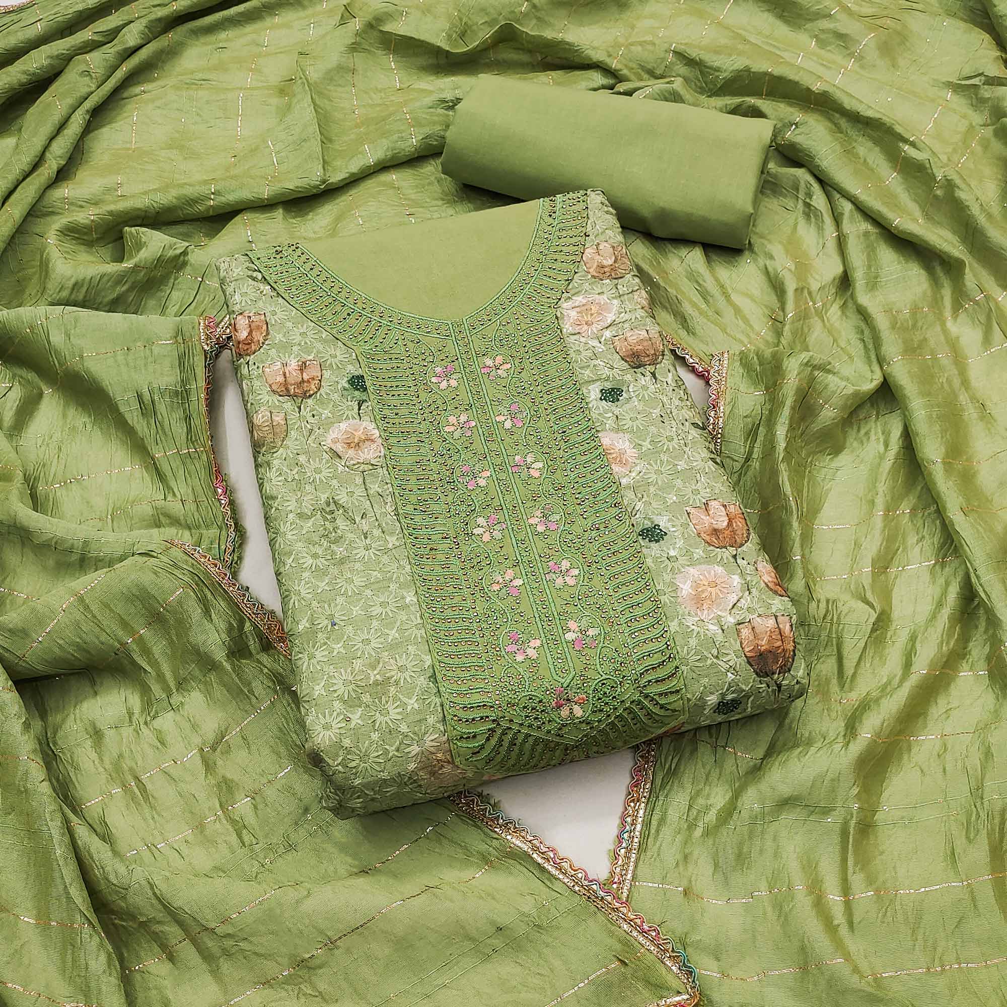 Green Floral Print With Embroidered Pure Cotton Dress Material