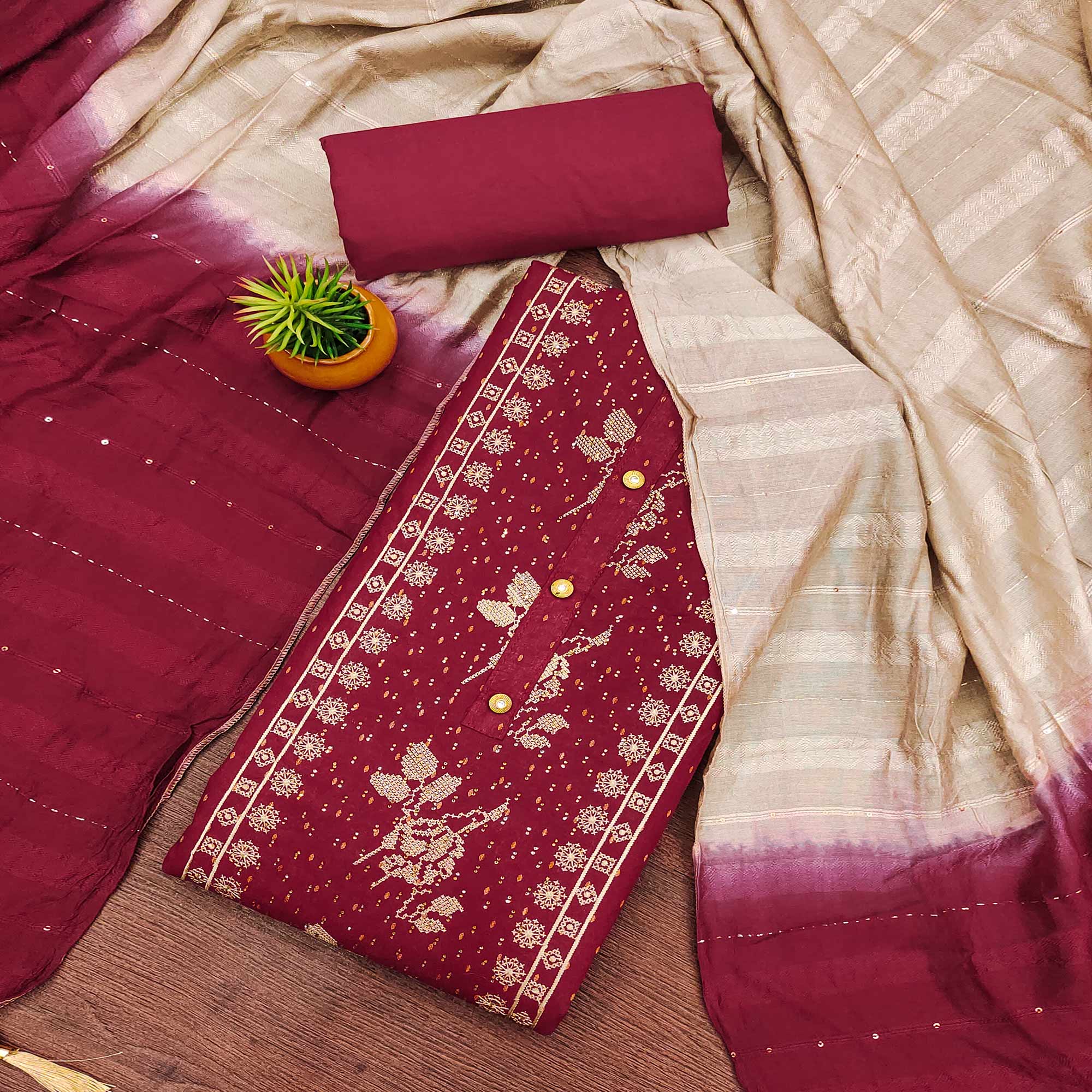 Maroon Embroidery With Stonework Cotton Silk Dress Material