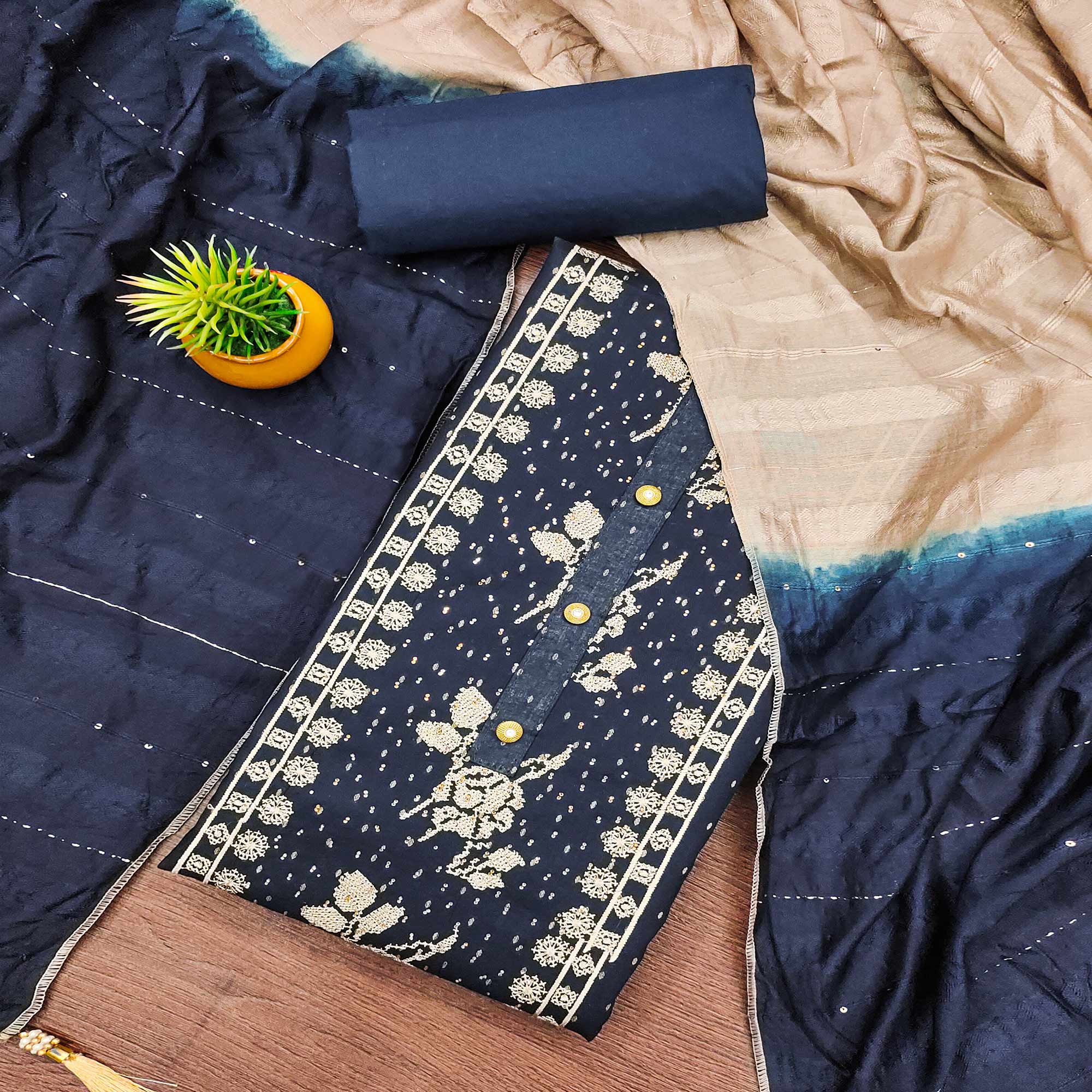 Navy Blue Embroidery With Stonework Cotton Silk Dress Material