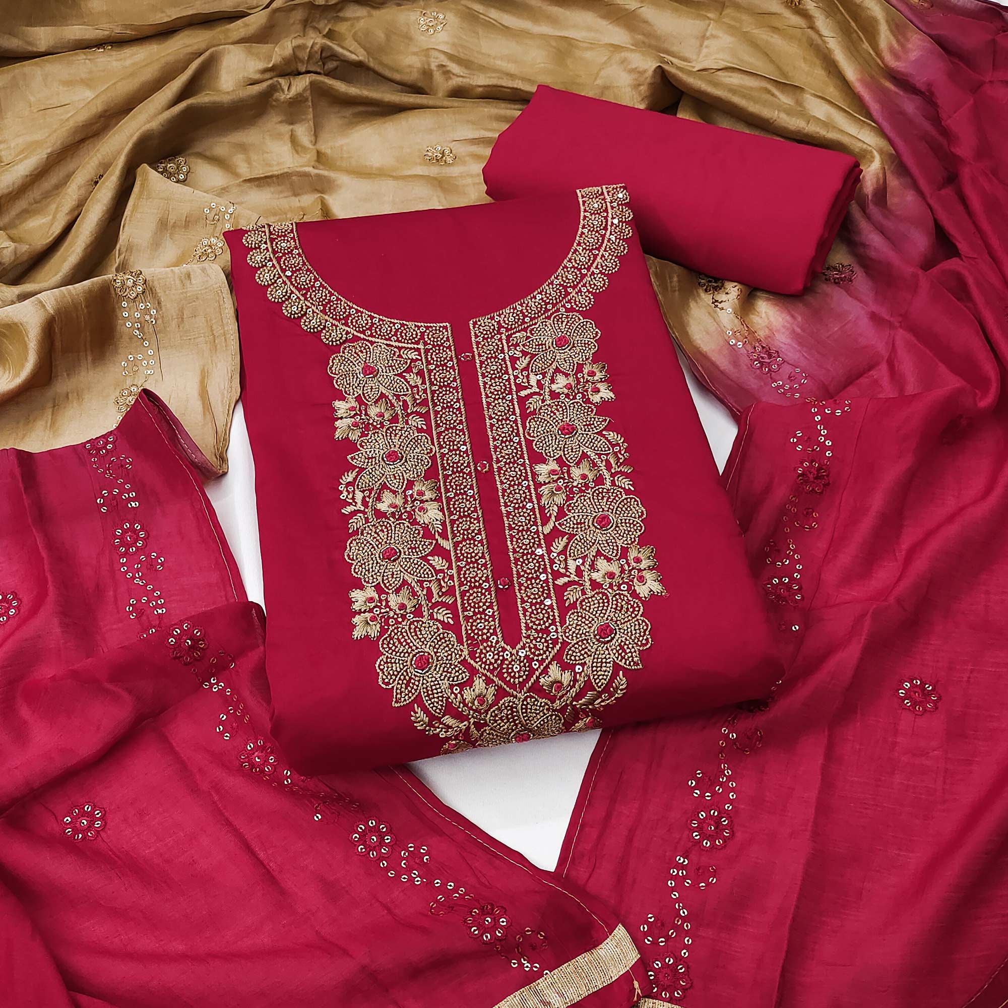 Pink Floral Sequins Embroidered Pure Cotton Dress Material