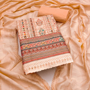 Peach Floral Print Cotton Suit Material with Detailed Handwork Embroidery