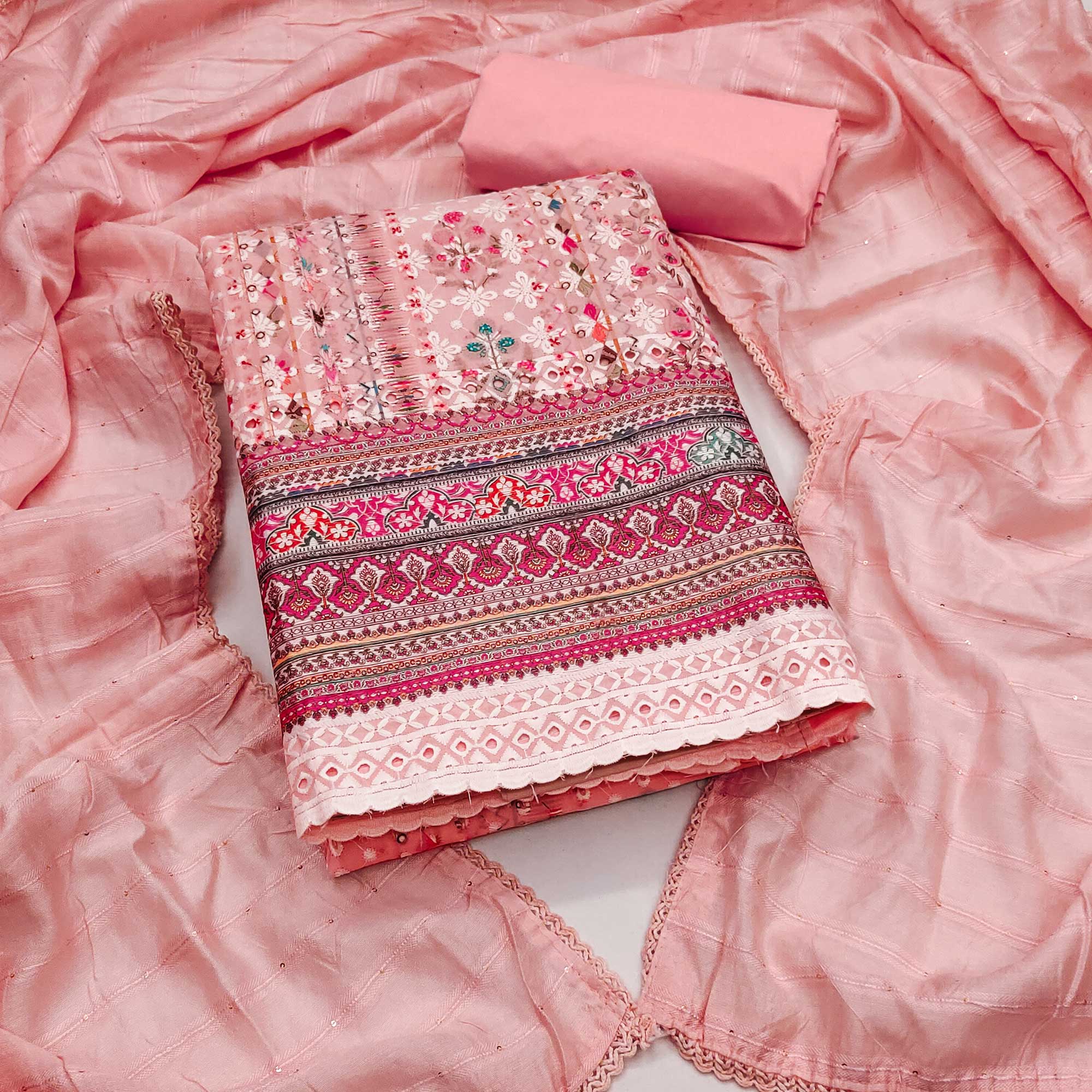 Pink Floral Print Cotton Suit Material with Detailed Handwork Embroidery