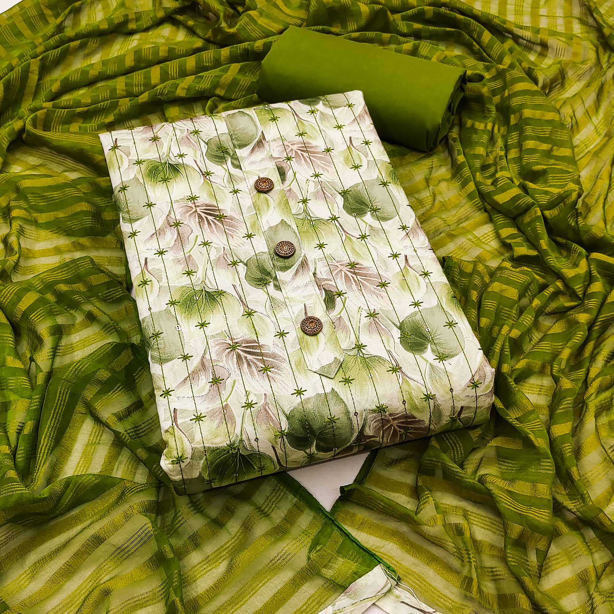 Cream Green Printed Cotton Blend Dress Material with Embroidery