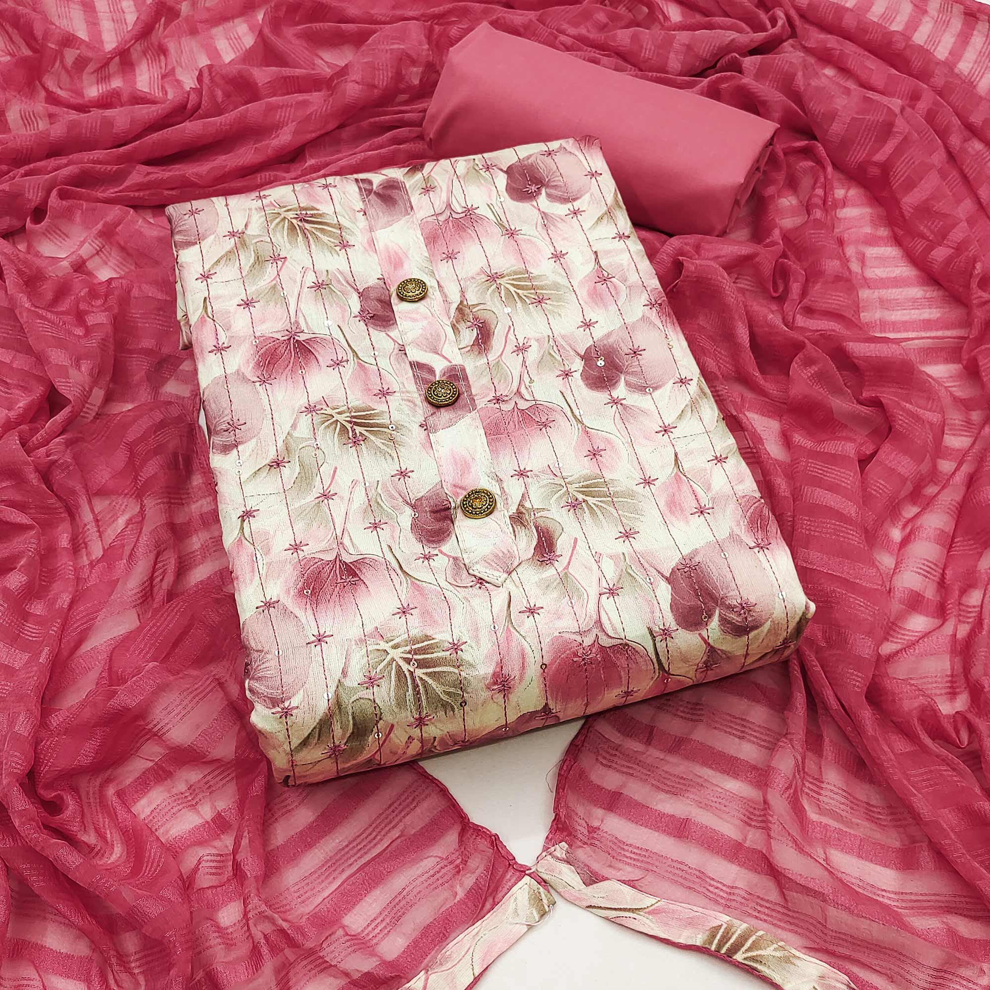 Cream Pink Printed Cotton Blend Dress Material with Embroidery