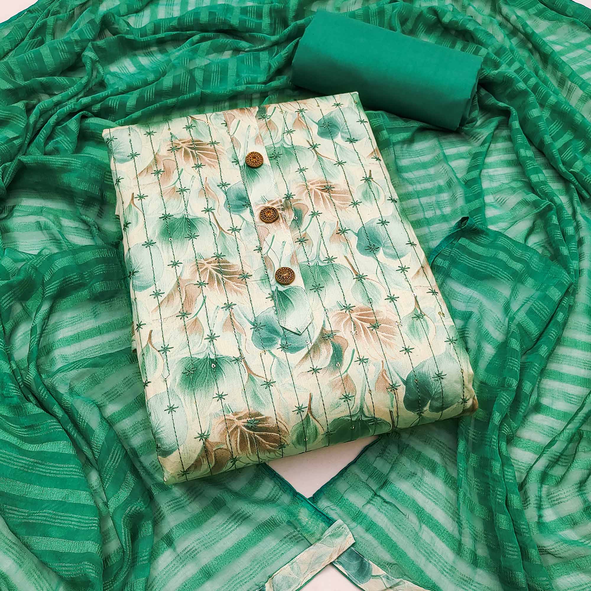 Cream Rama Green Printed Cotton Blend Dress Material with Embroidery