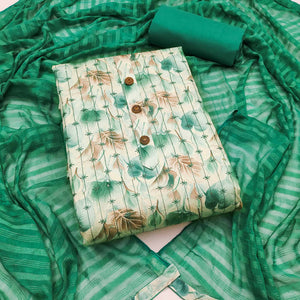 Cream Rama Green Printed Cotton Blend Dress Material with Embroidery