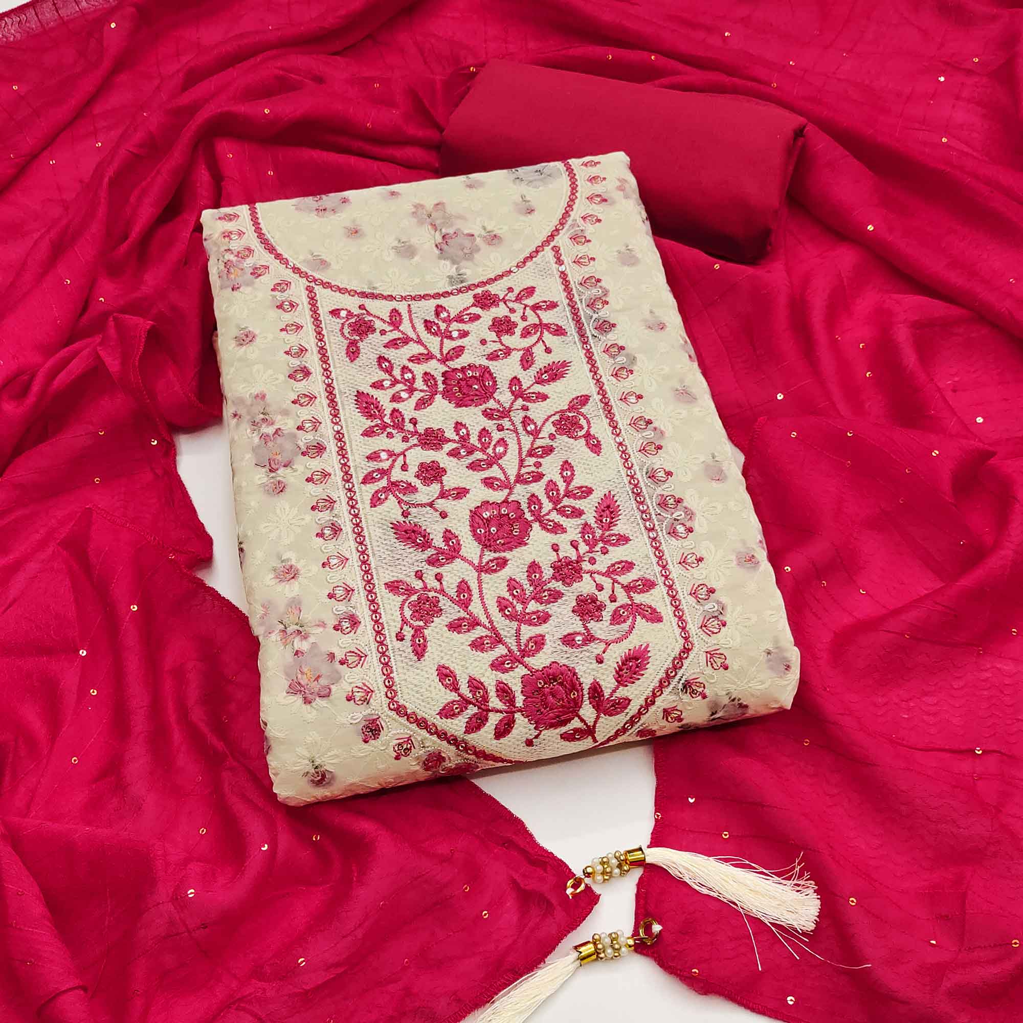 Elegant Offwhite Floral Chikankari Embroidery & Sequins Work Cotton Blend Dress Material