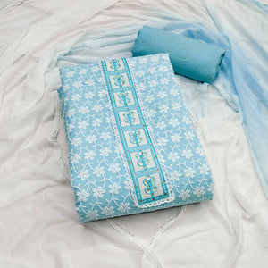 Blue Floral Chikankari Embroidered With Stone Work Dress Material In Premium Cotton Blend