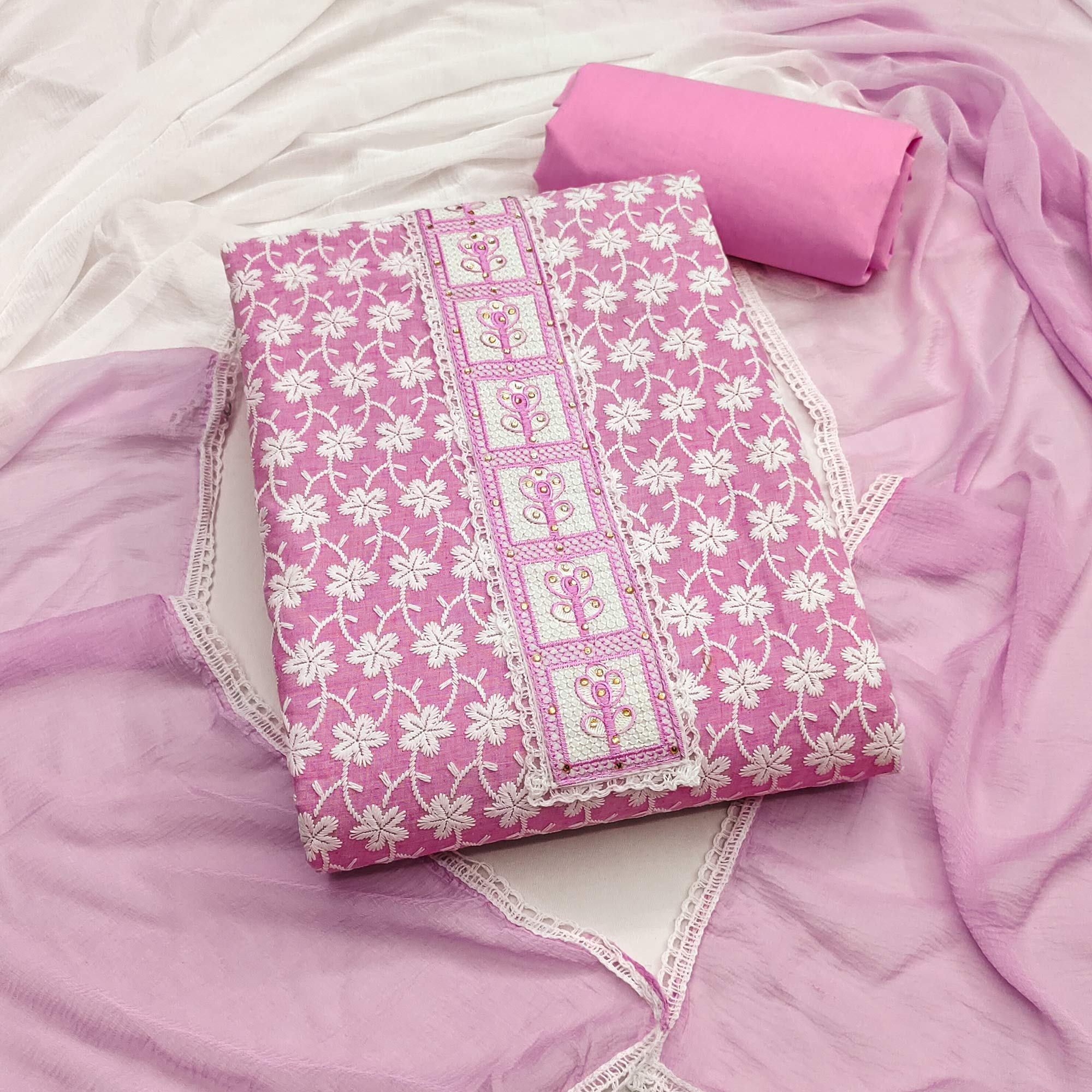 Pink Floral Chikankari Embroidered With Stone Work Dress Material In Premium Cotton Blend