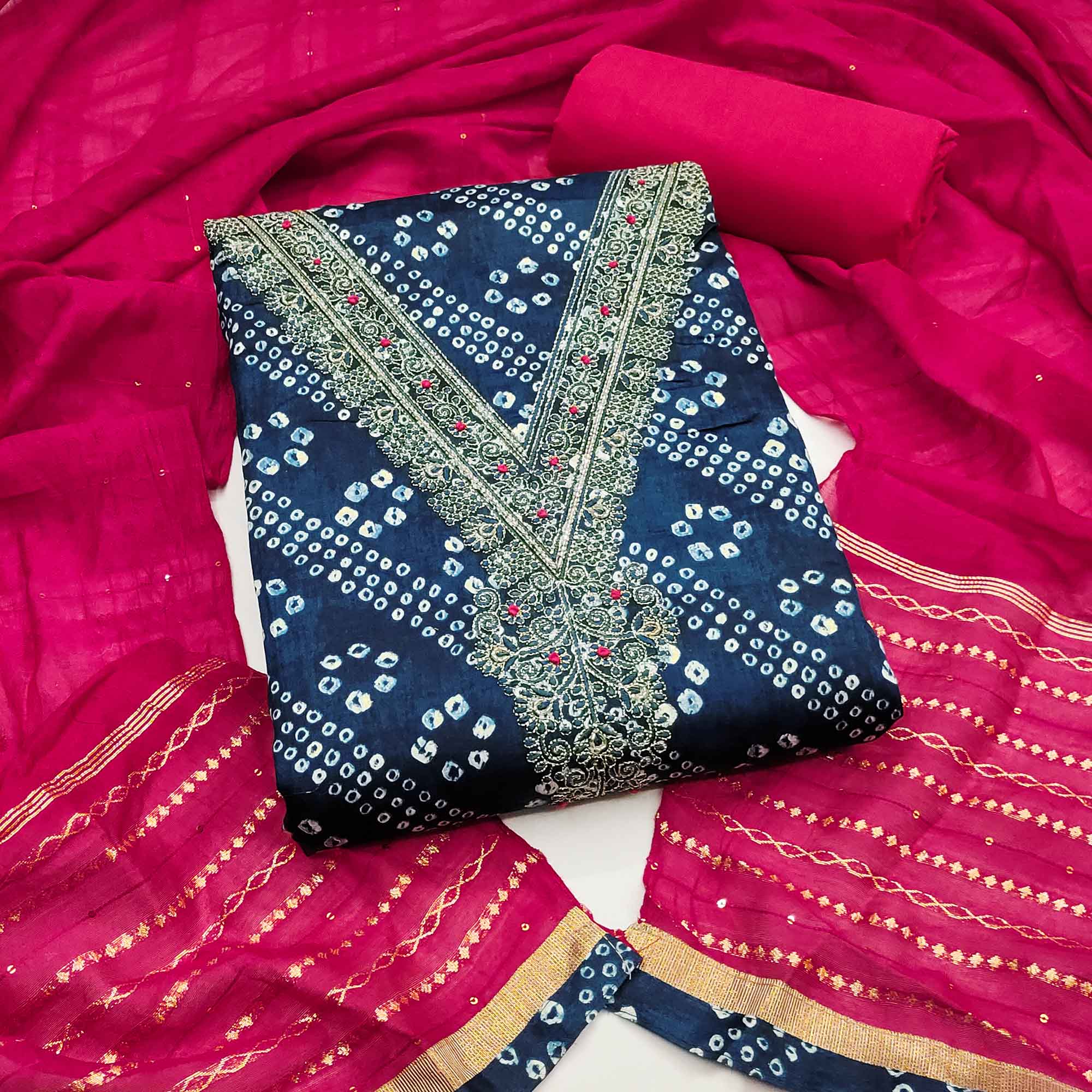 Blue Bandhani Print Cotton Blend Dress Material With Intricate Neck Embroidery Work