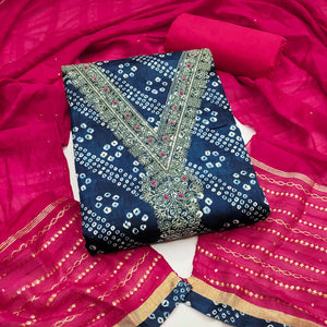 Blue Bandhani Print Cotton Blend Dress Material With Intricate Neck Embroidery Work