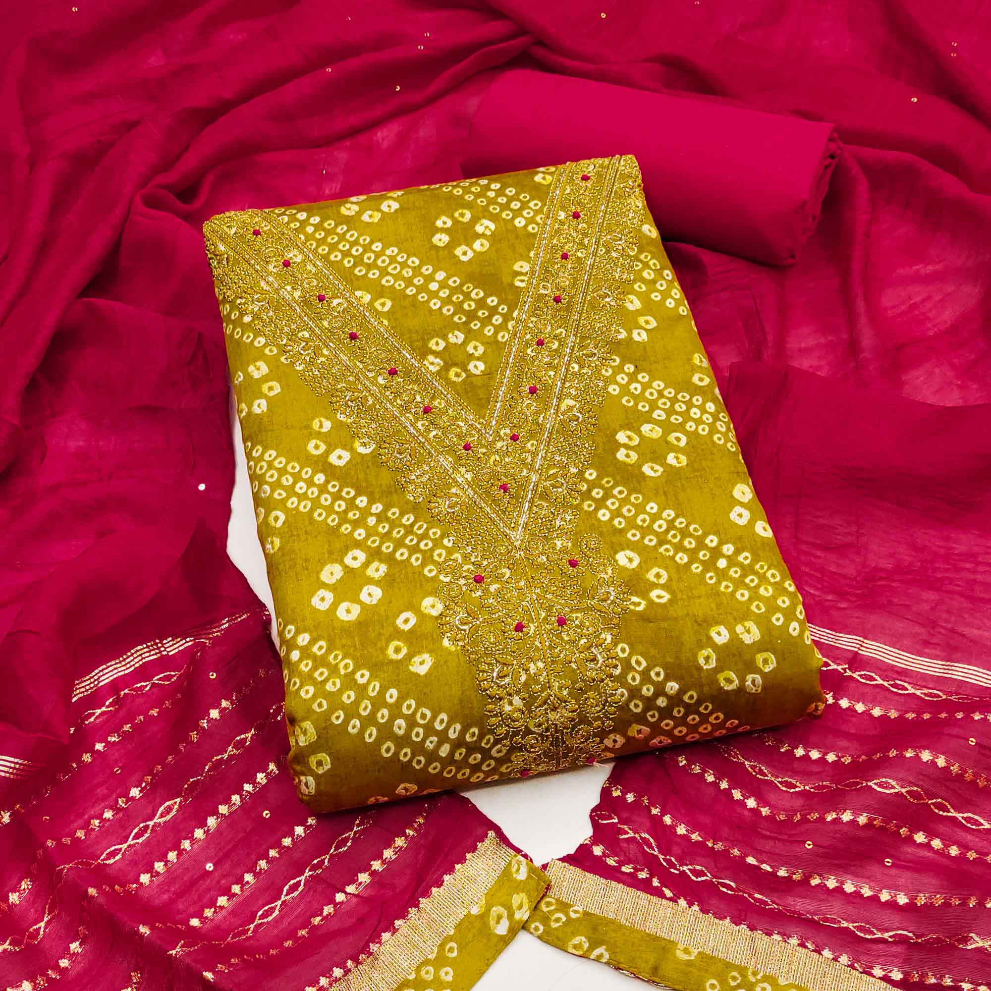 Dark Mustard Bandhani Print Cotton Blend Dress Material With Intricate Neck Embroidery Work