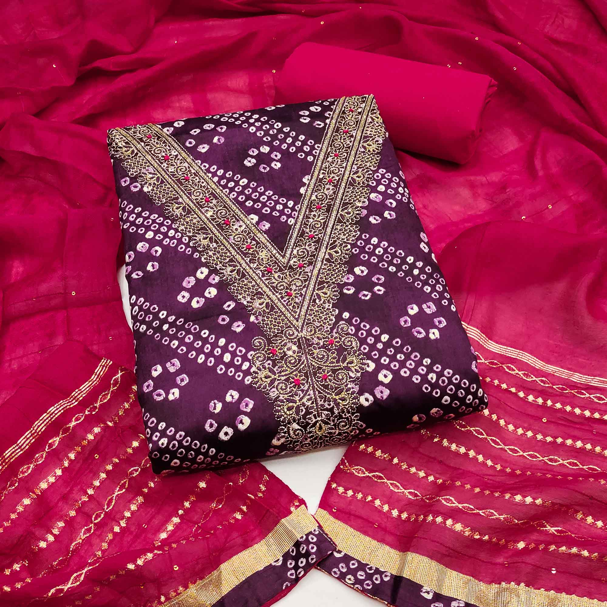 Dark Purple Bandhani Print Cotton Blend Dress Material With Intricate Neck Embroidery Work