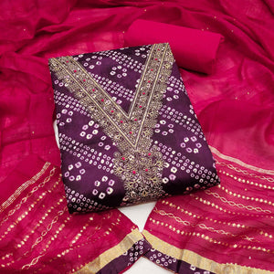 Dark Purple Bandhani Print Cotton Blend Dress Material With Intricate Neck Embroidery Work