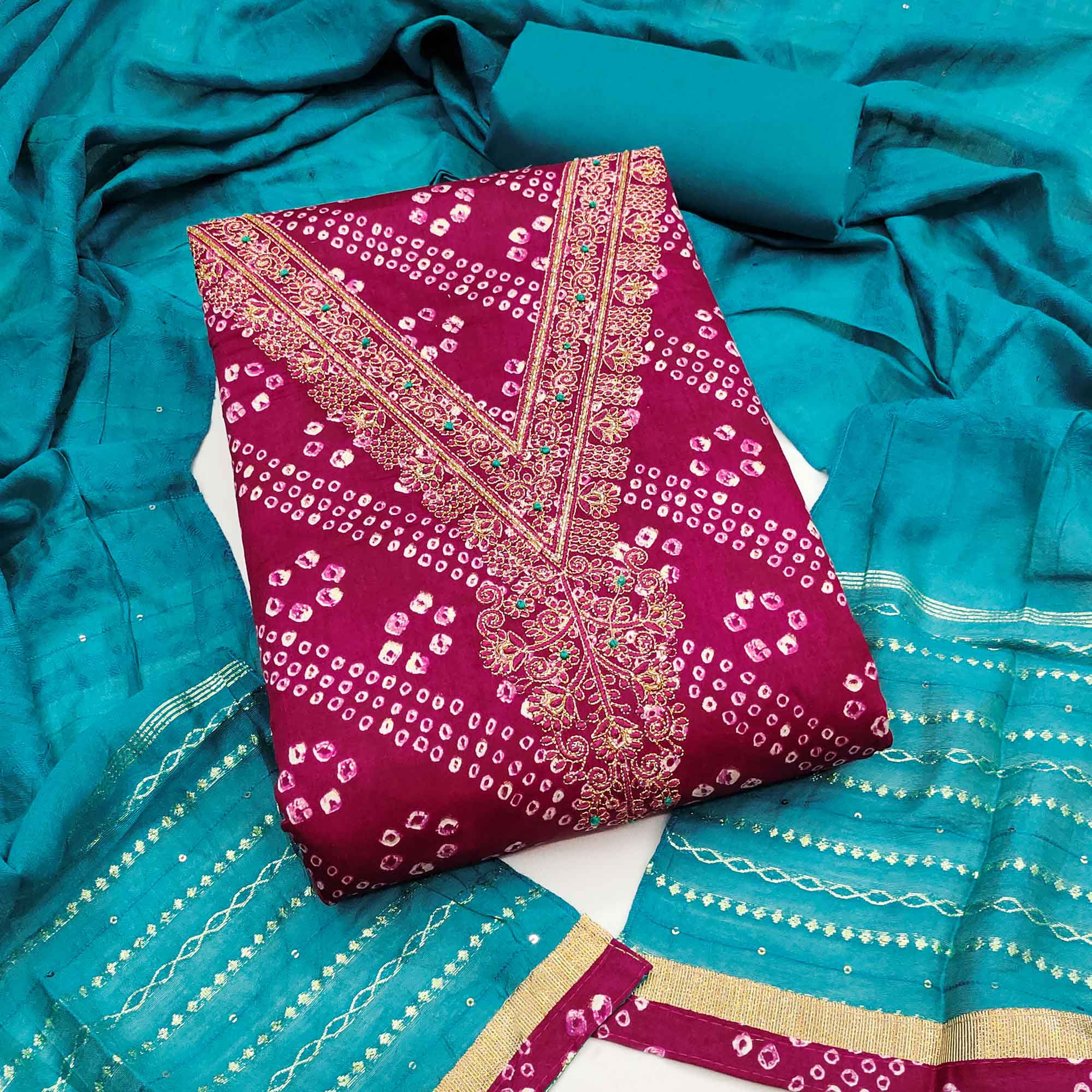 Dark Rani Pink Bandhani Print Cotton Blend Dress Material With Intricate Neck Embroidery Work