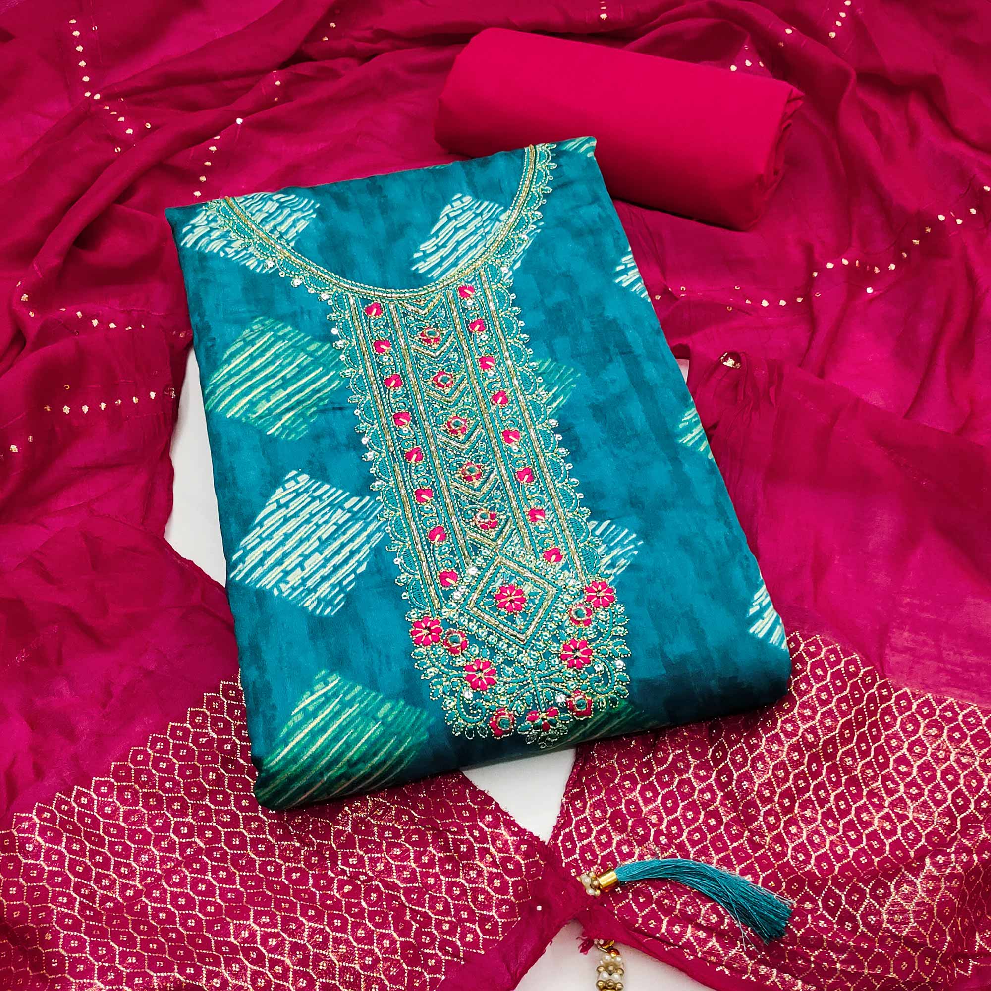 Chic Blue Geometric Print Cotton Blend Dress Material With Stylish Floral Neck Embroidery