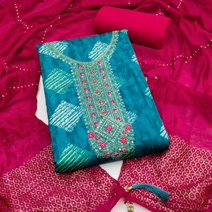 Chic Blue Geometric Print Cotton Blend Dress Material With Stylish Floral Neck Embroidery