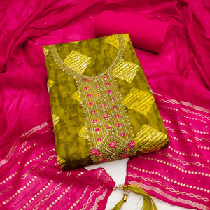 Chic Green Geometric Print Cotton Blend Dress Material With Stylish Floral Neck Embroidery