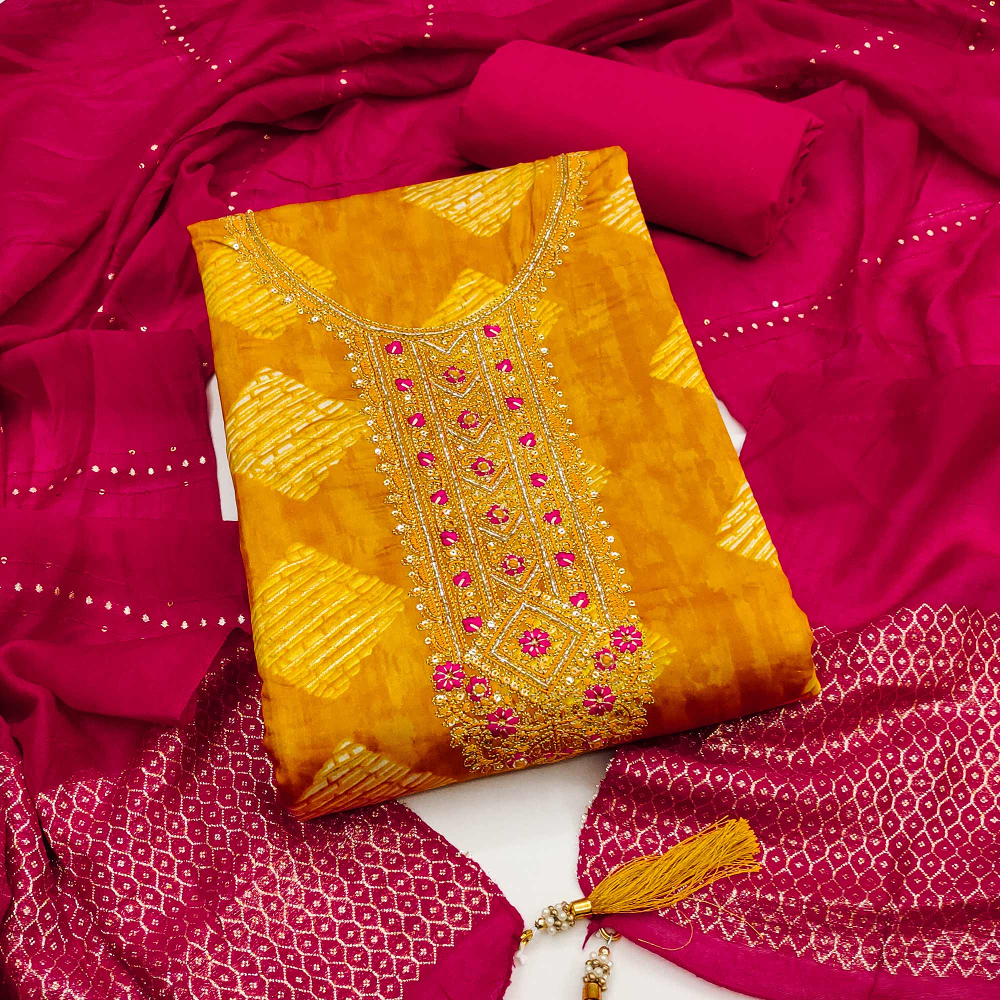 Chic Mustard Geometric Print Cotton Blend Dress Material With Stylish Floral Neck Embroidery