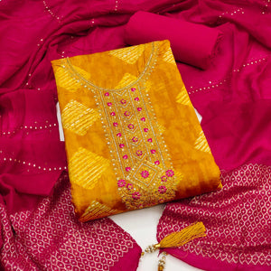 Chic Mustard Geometric Print Cotton Blend Dress Material With Stylish Floral Neck Embroidery